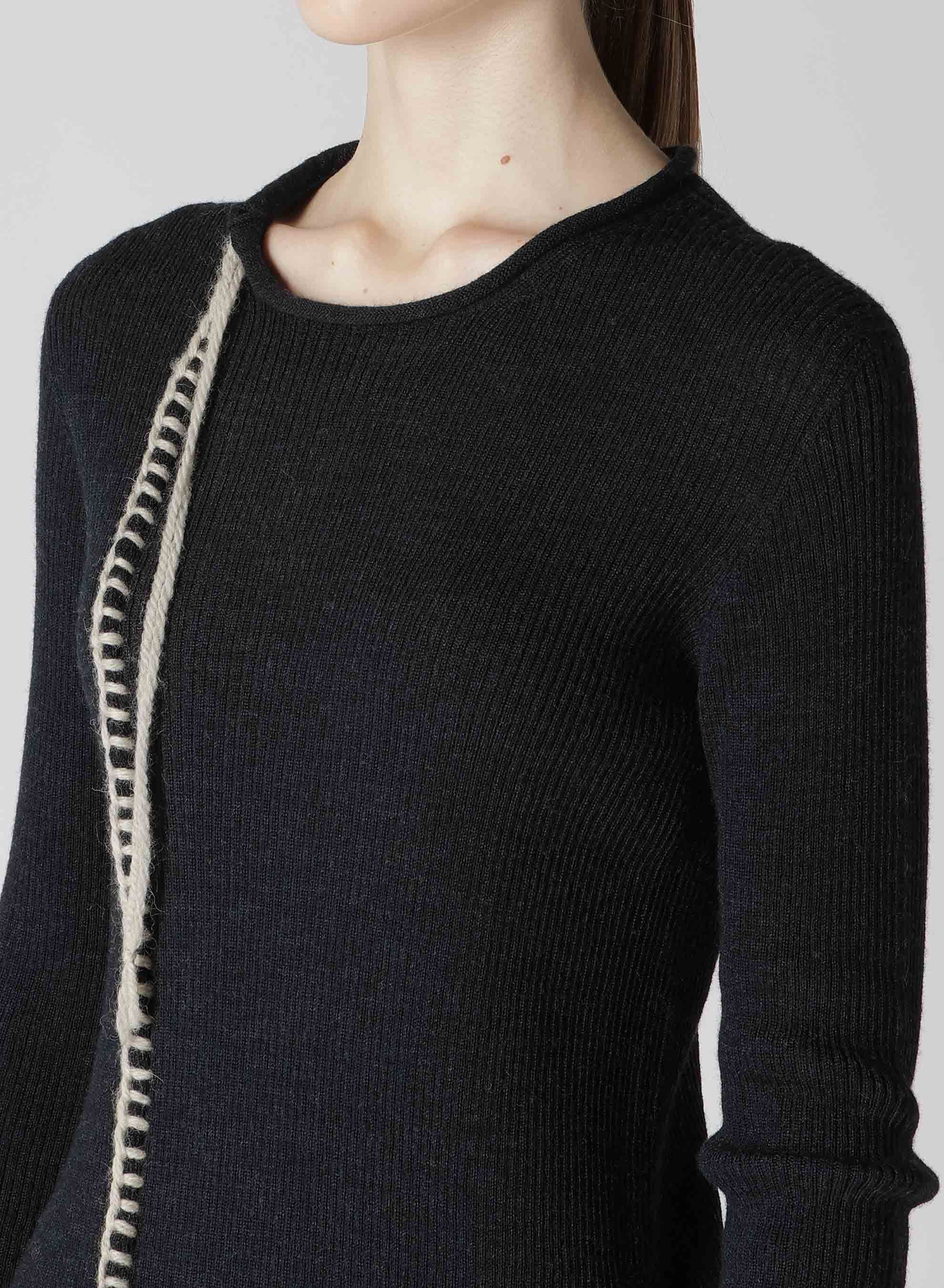 CLEW NECK RIBBED BLANKET STITCH PULLOVER