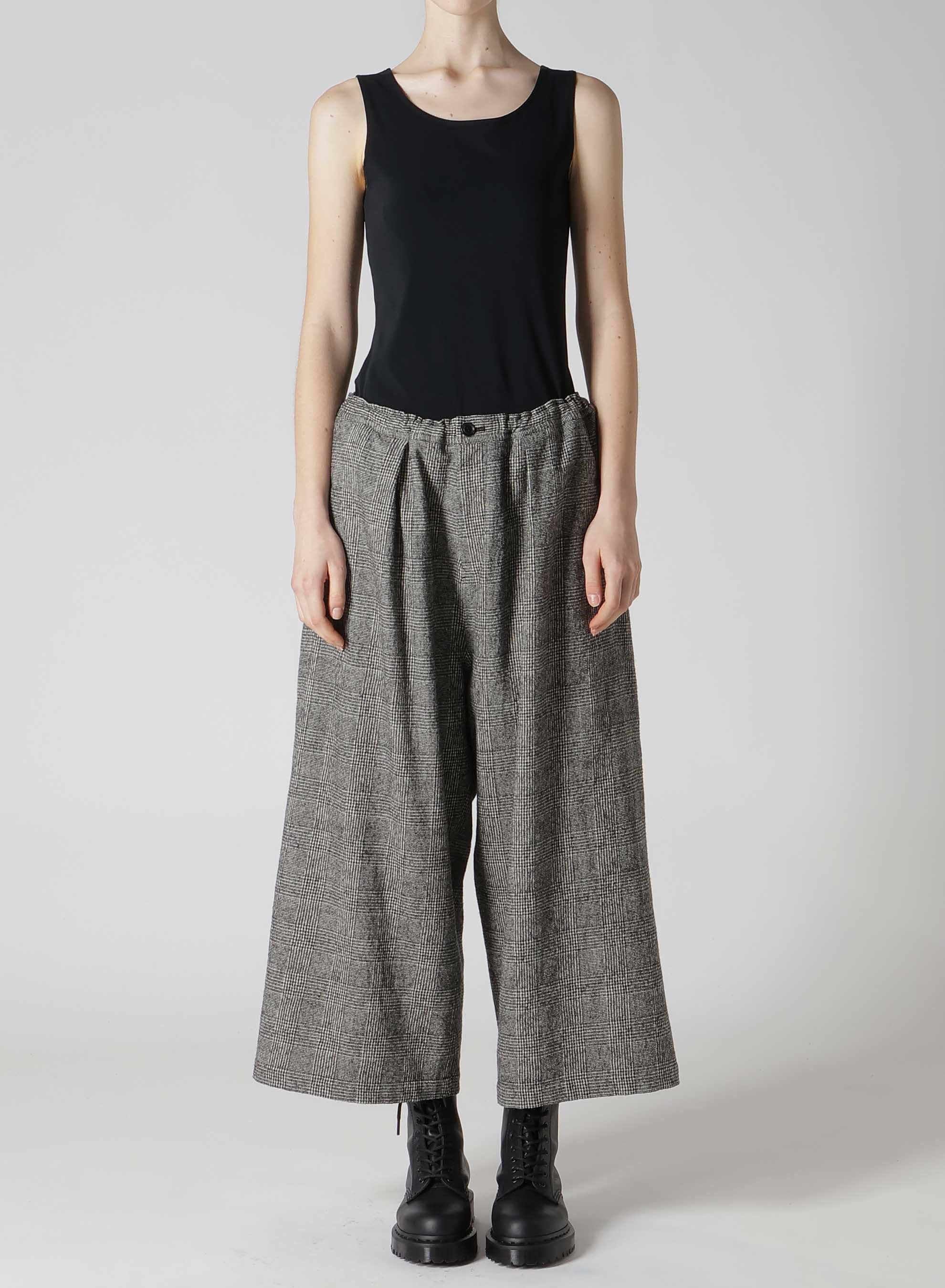 COTTON WOOL GLEN CHECK FRONT TUCK WIDE PANTS