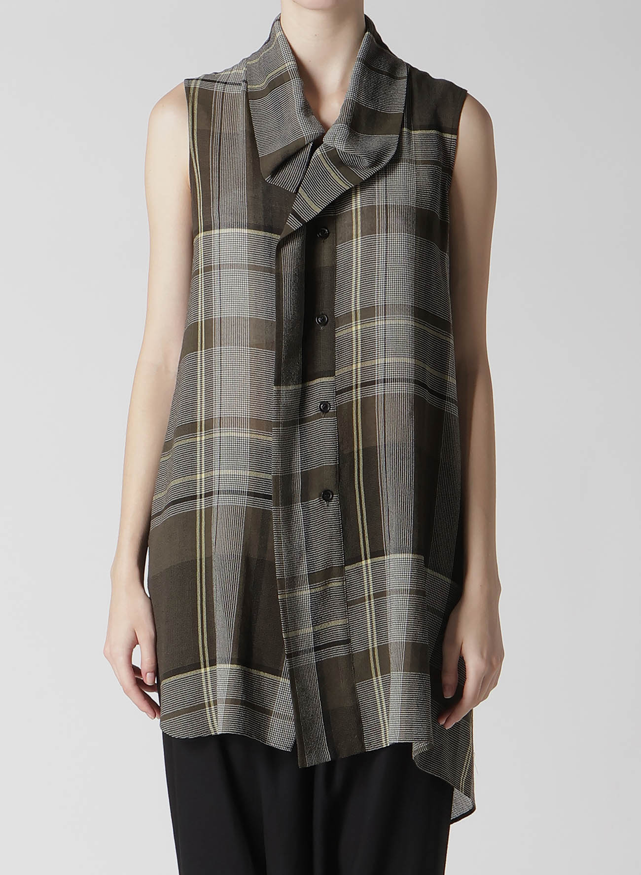 GAUZE PLAID TIE STYLE SLEEVELESS BLOUSE