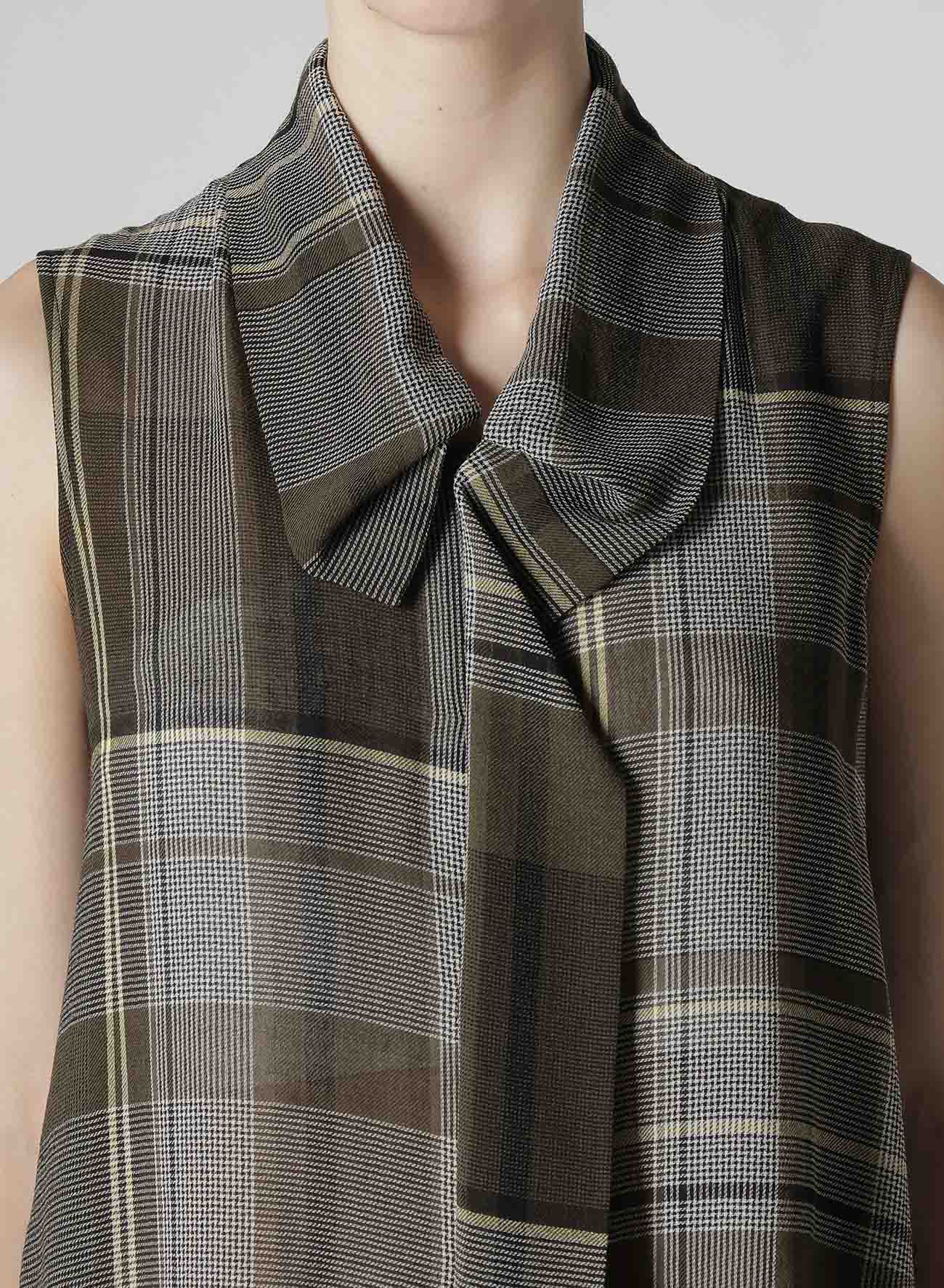 GAUZE PLAID TIE STYLE SLEEVELESS BLOUSE