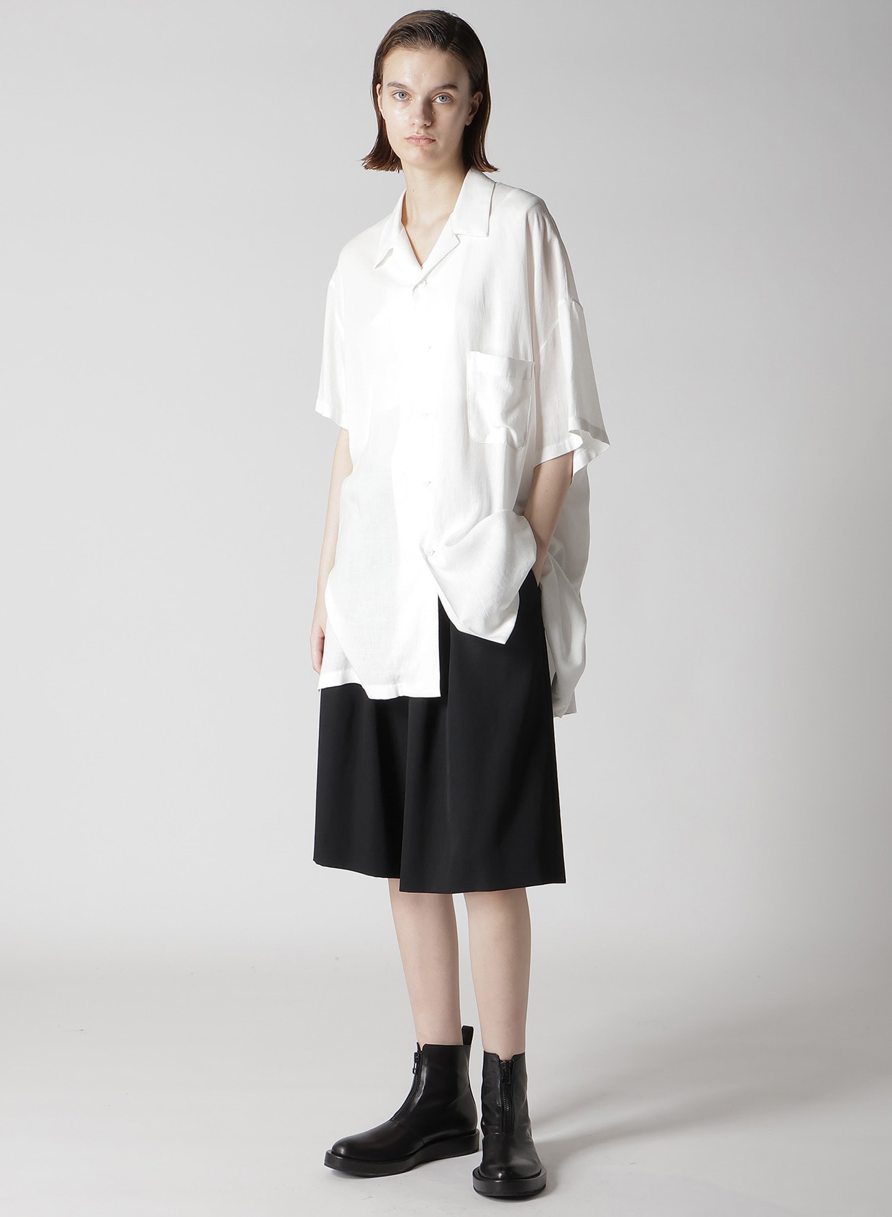 RAYON/LINEN SHEETING ASYMMETERIC OPEN COLLAR BLOUSE