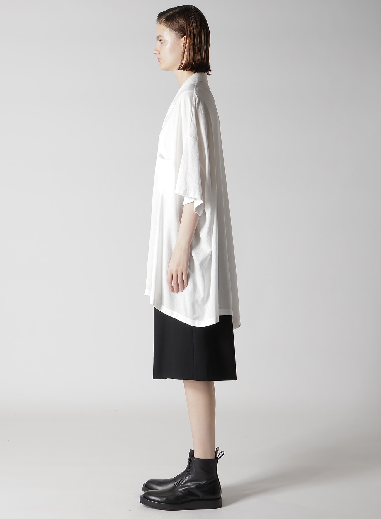 RAYON/LINEN SHEETING ASYMMETERIC OPEN COLLAR BLOUSE