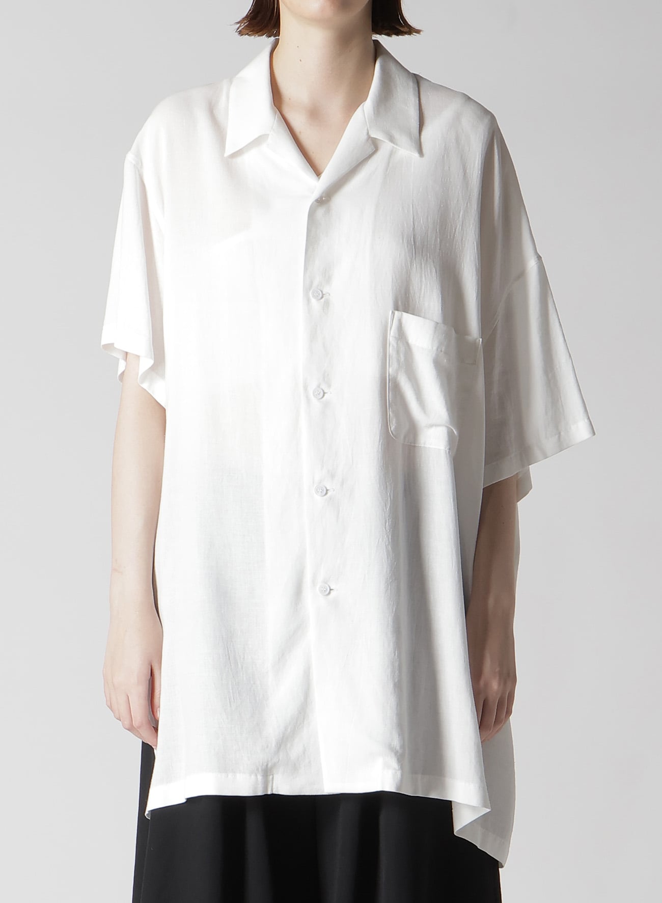 RAYON/LINEN SHEETING ASYMMETERIC OPEN COLLAR BLOUSE