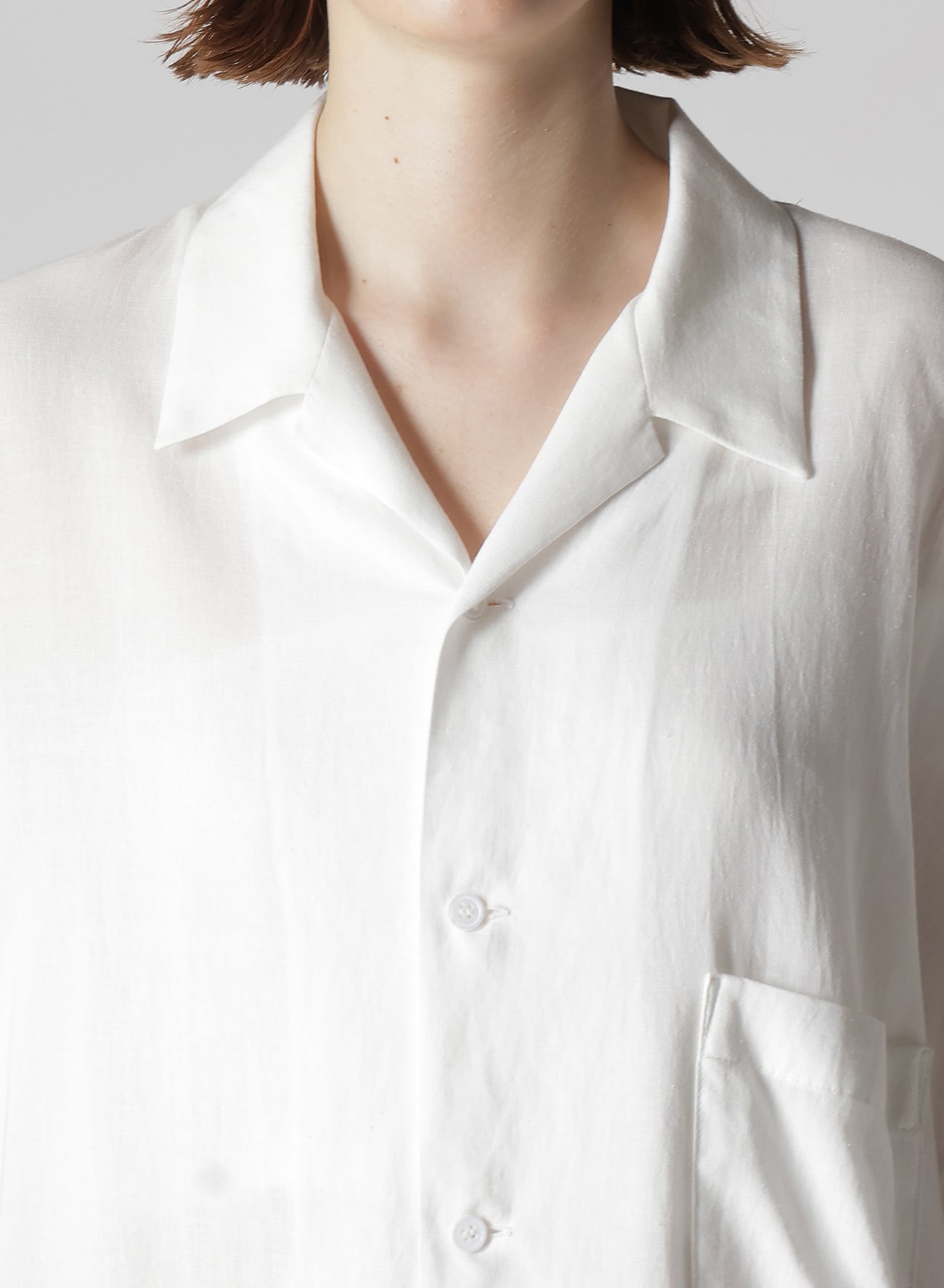 RAYON/LINEN SHEETING ASYMMETERIC OPEN COLLAR BLOUSE