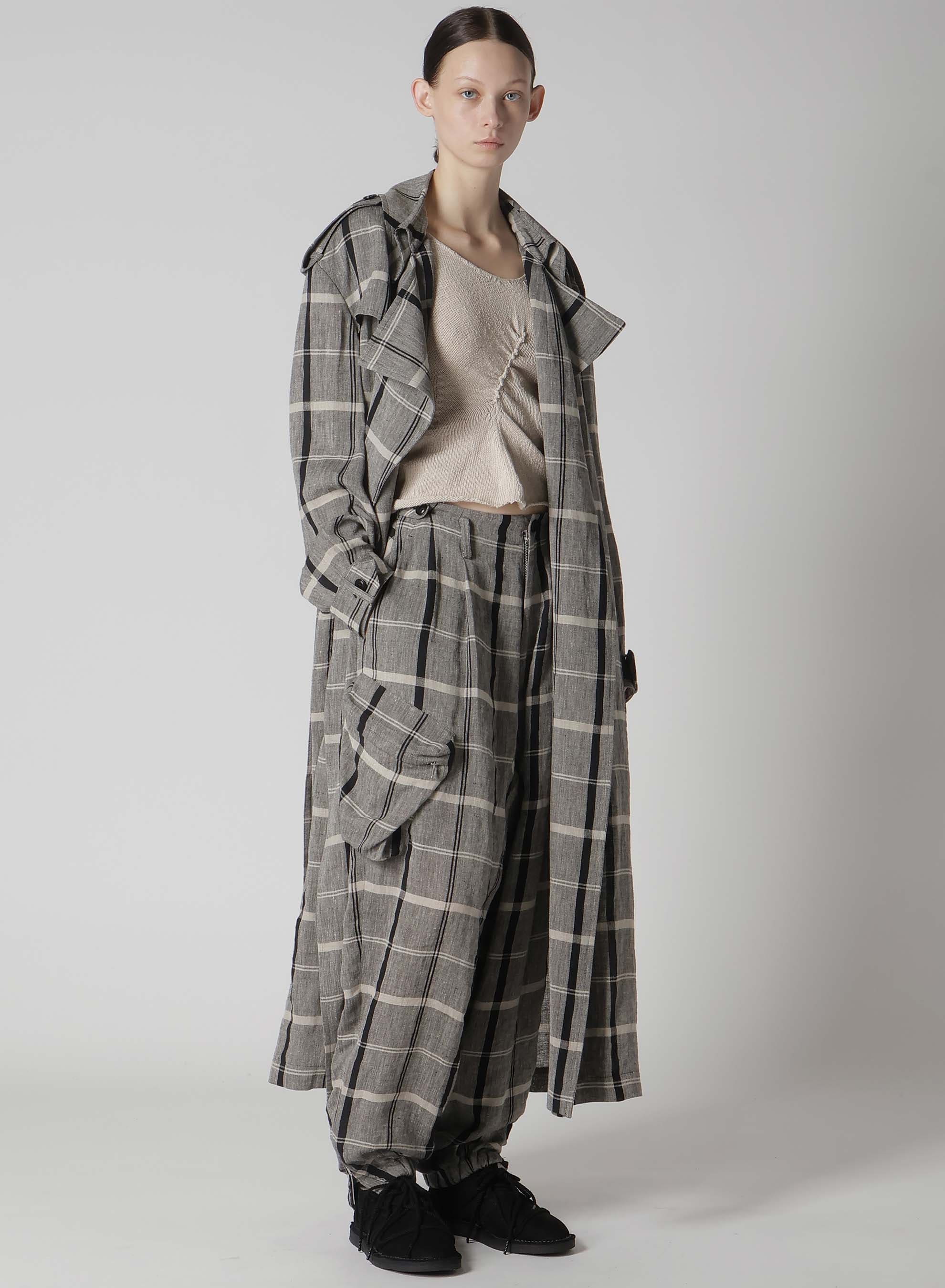 LINEN/NYLON PLAID TRENCH COAT