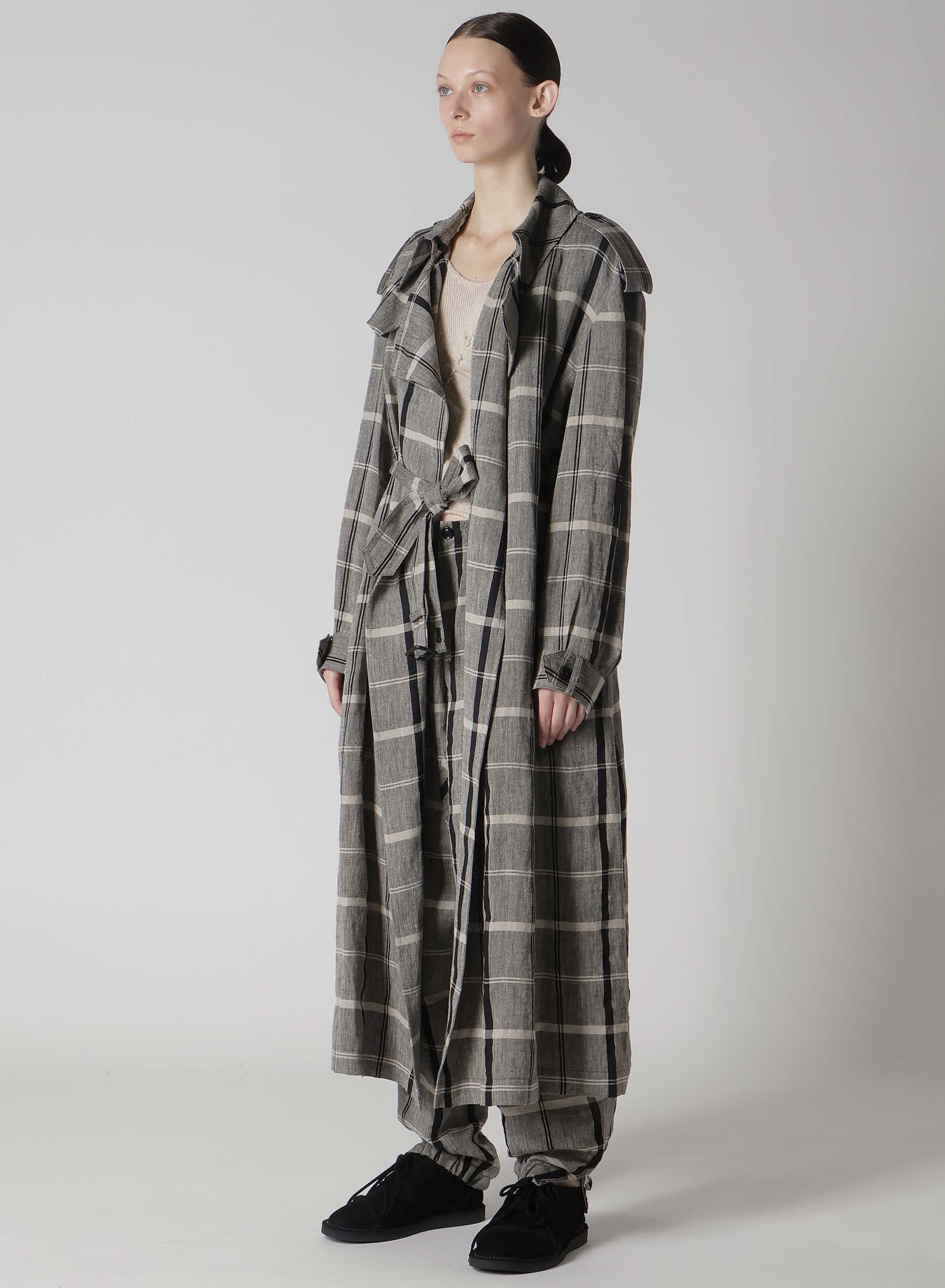 LINEN/NYLON PLAID TRENCH COAT