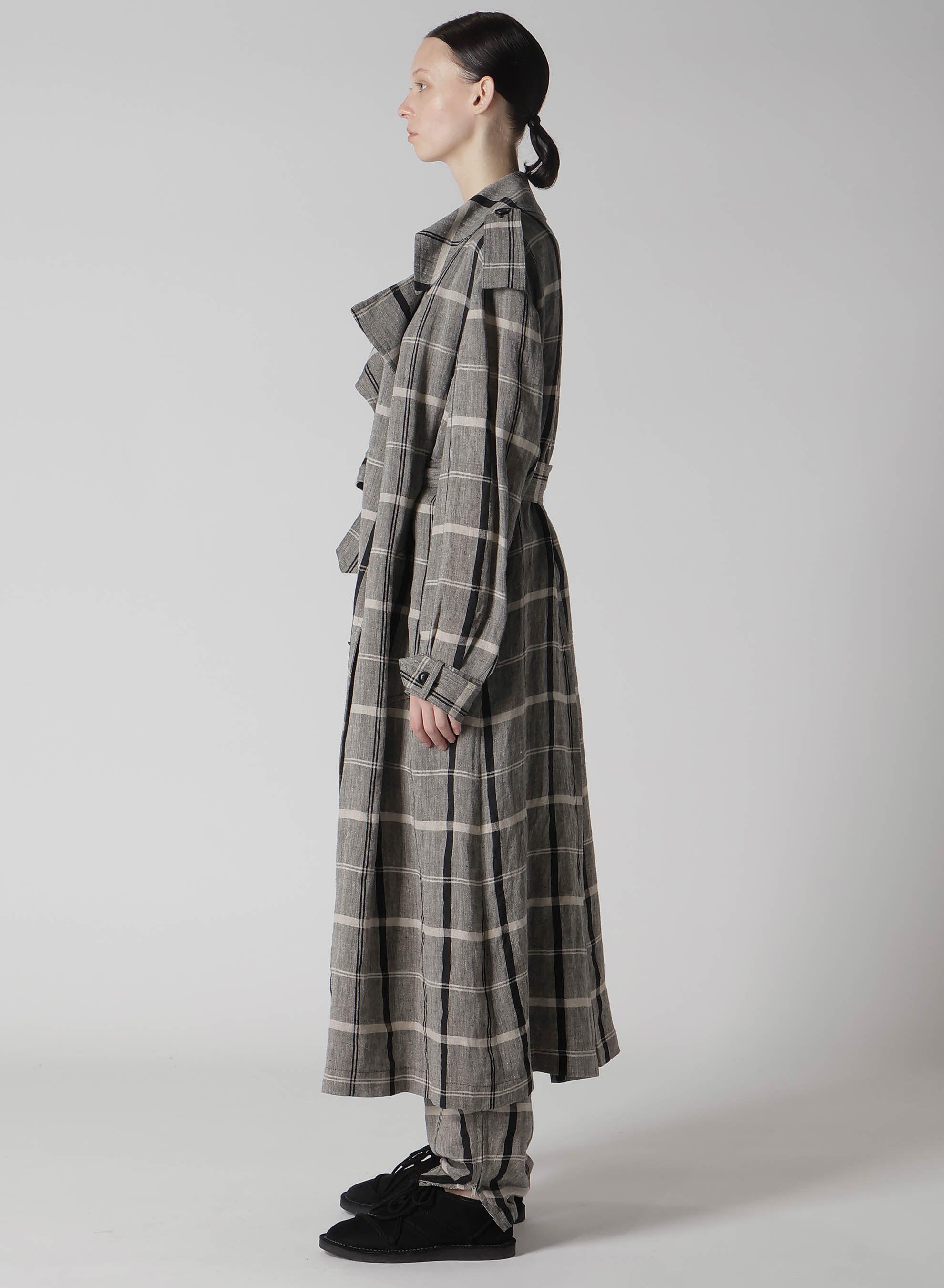 LINEN/NYLON PLAID TRENCH COAT