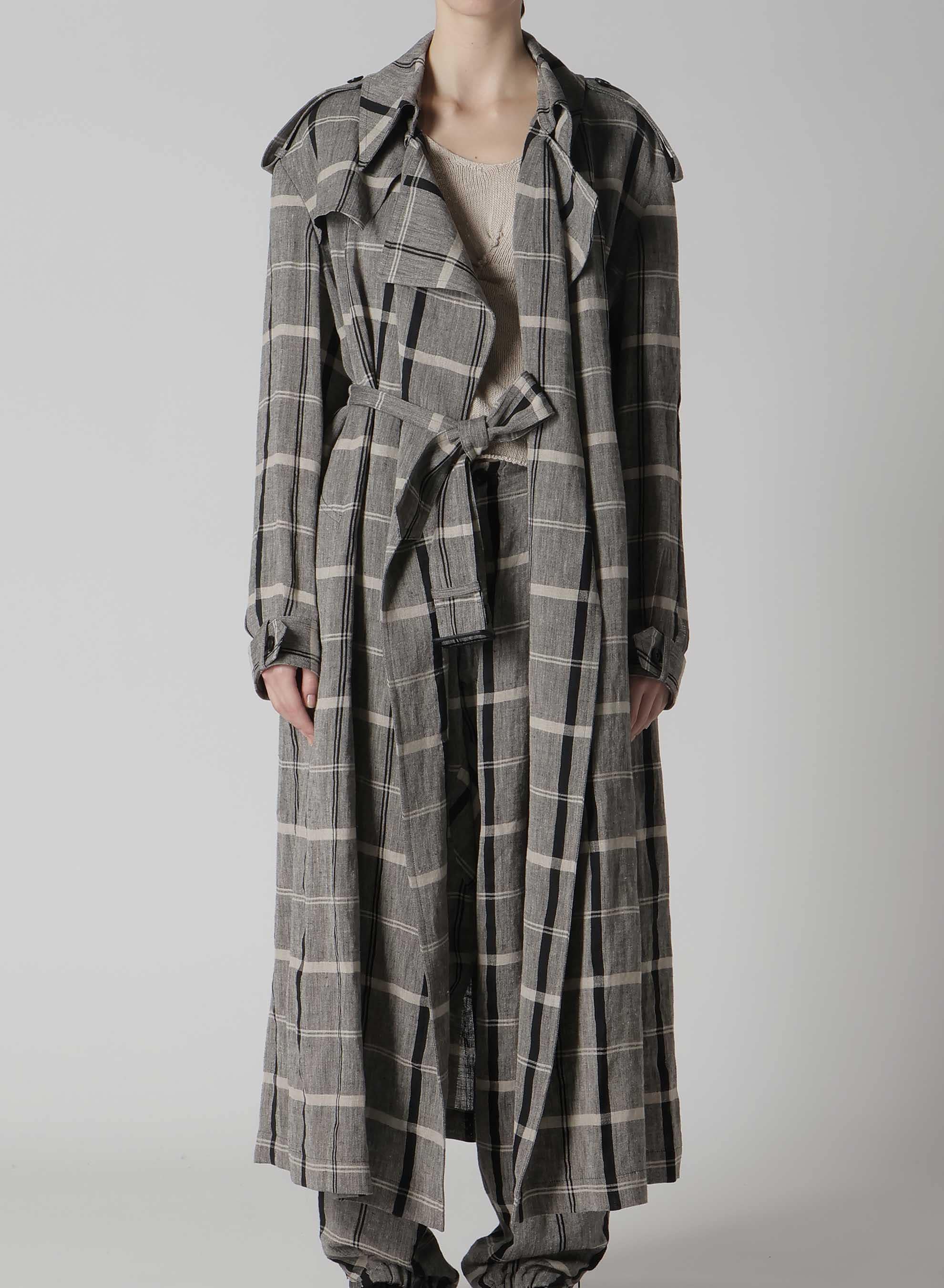 LINEN/NYLON PLAID TRENCH COAT