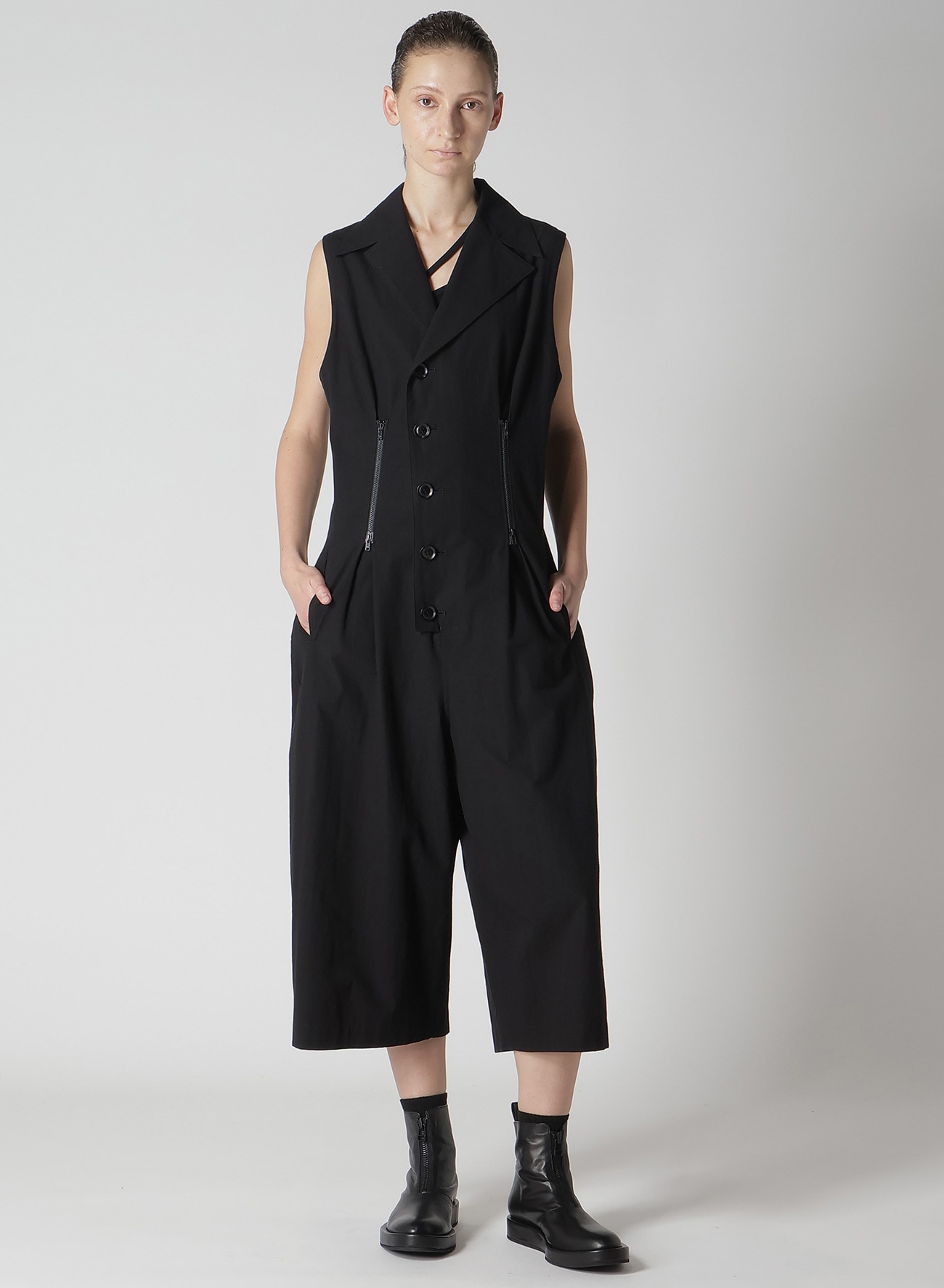 COTTON LINEN DUMP ZIP TUCKED JUMP SUIT