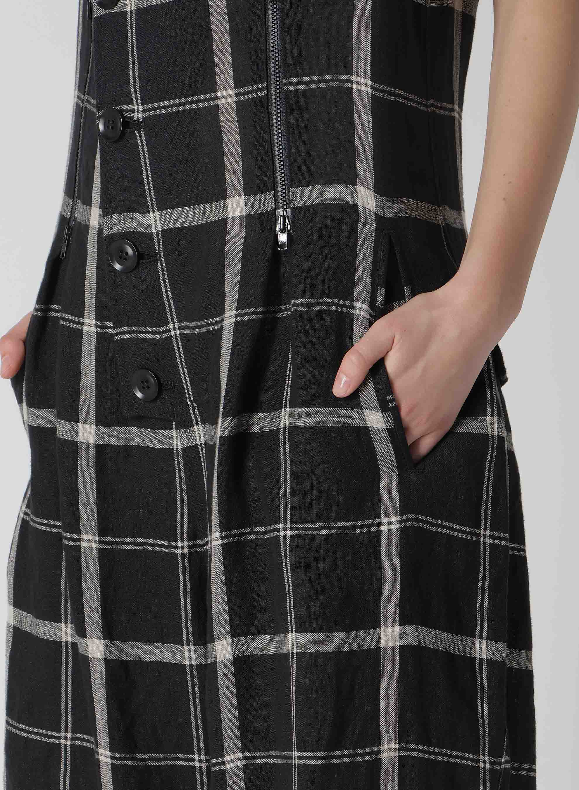 LINEN/NYLON PLAID ZIP TUCKED JUMPER SKIRT