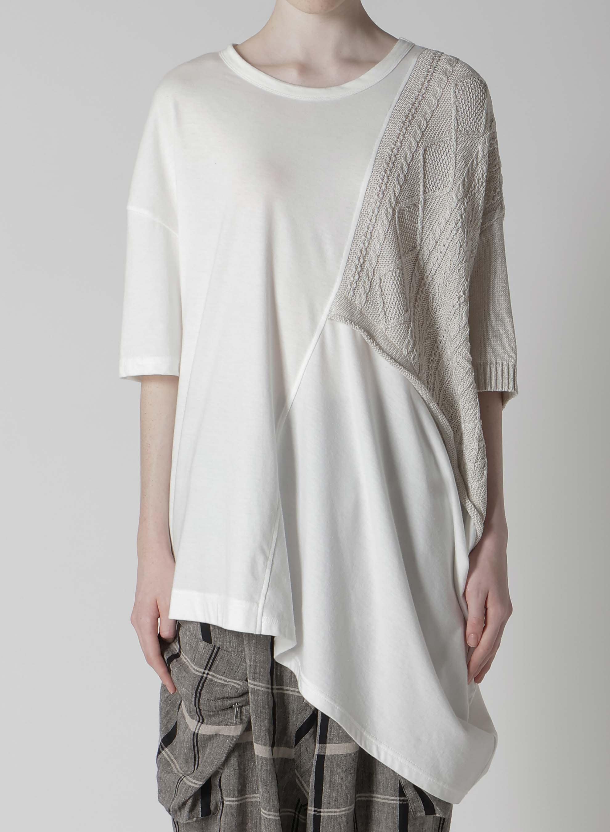 CABLE KNIT/JERSEY SWITCHING SHORT SLEEVE PULLOVER