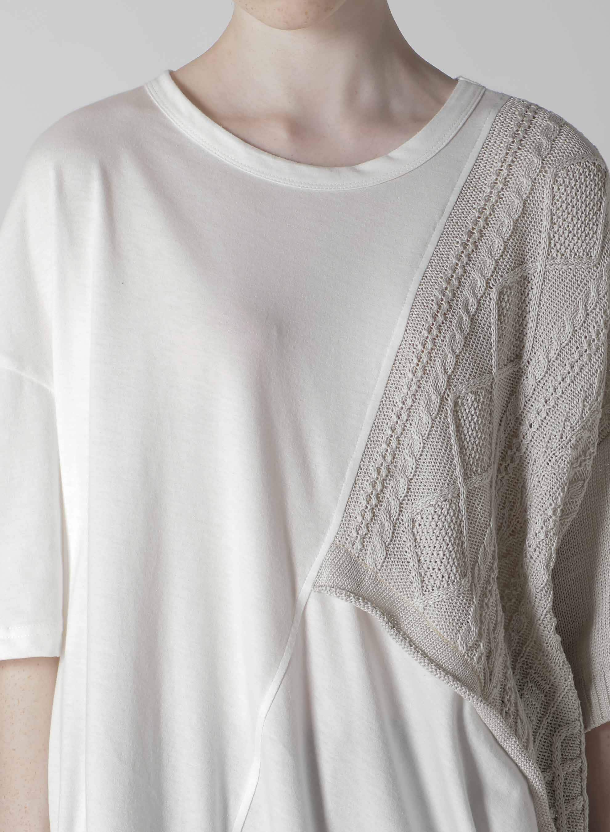 CABLE KNIT/JERSEY SWITCHING SHORT SLEEVE PULLOVER