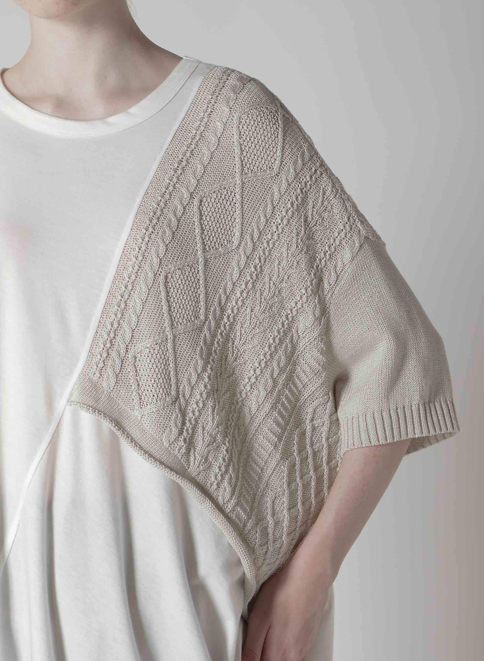 CABLE KNIT/JERSEY SWITCHING SHORT SLEEVE PULLOVER