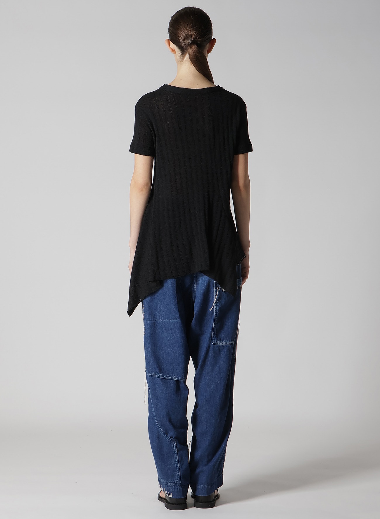 DROP NEEDLE RIB STRIPE ASYMMETRIC HEM PULLOVER