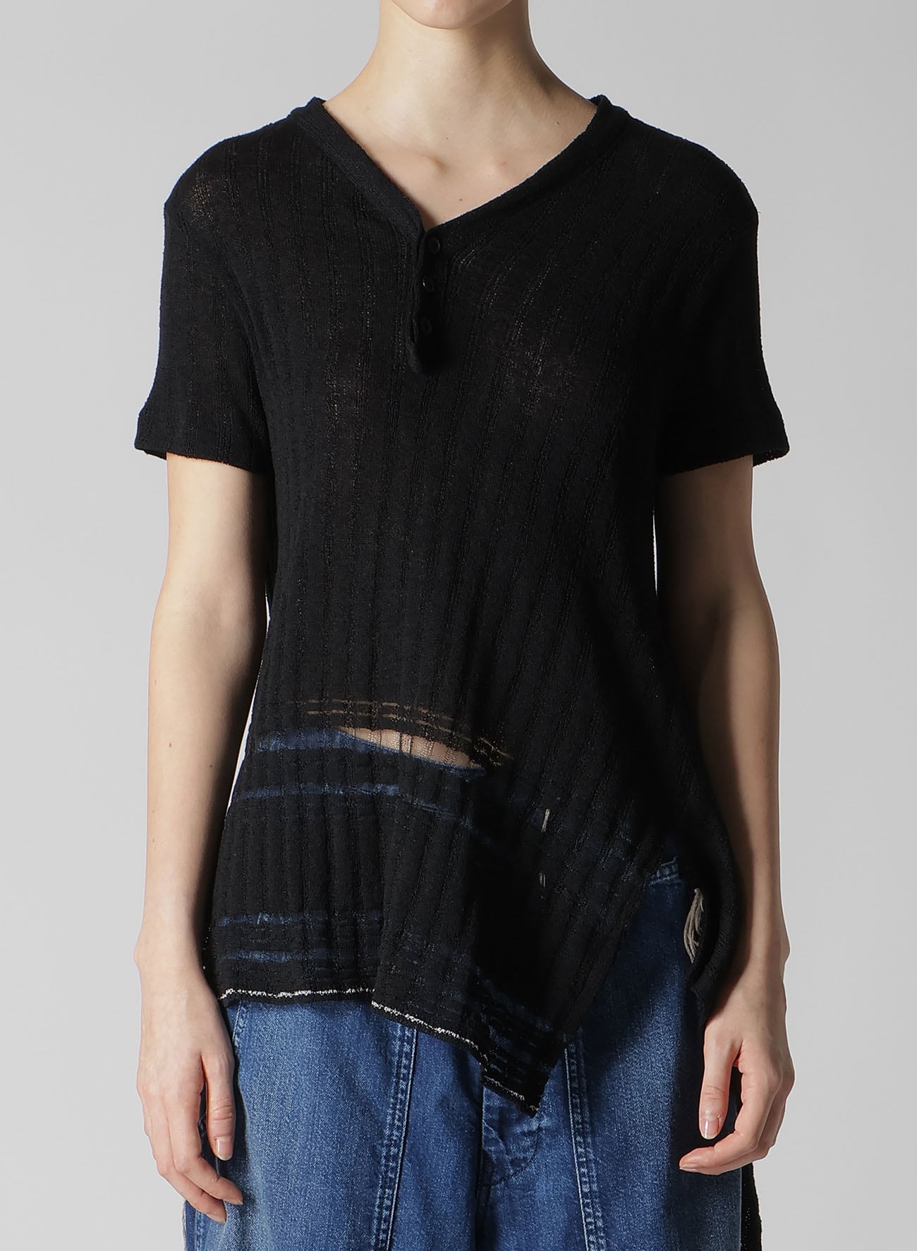 DROP NEEDLE RIB STRIPE ASYMMETRIC HEM PULLOVER