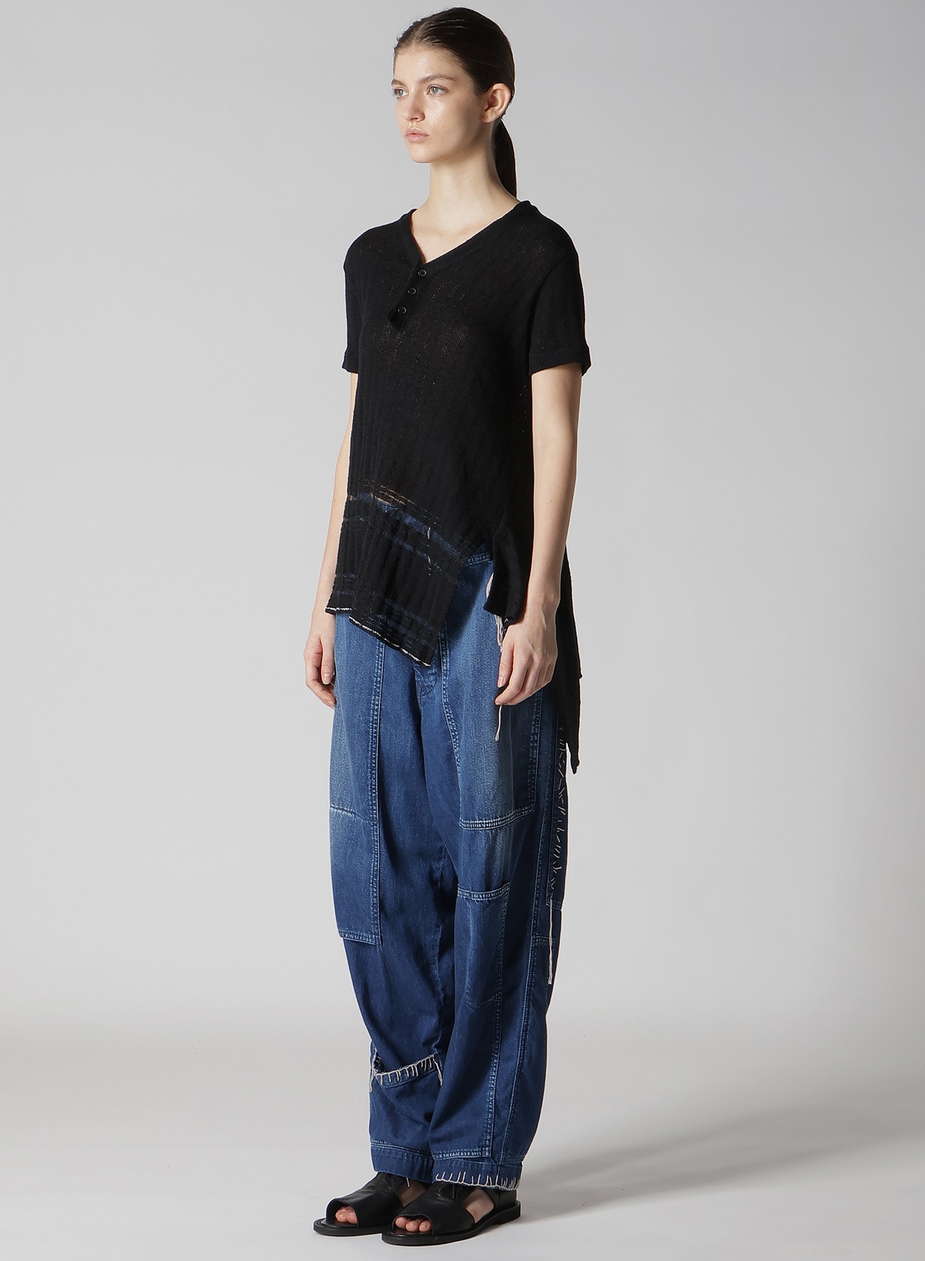 DROP NEEDLE RIB STRIPE ASYMMETRIC HEM PULLOVER