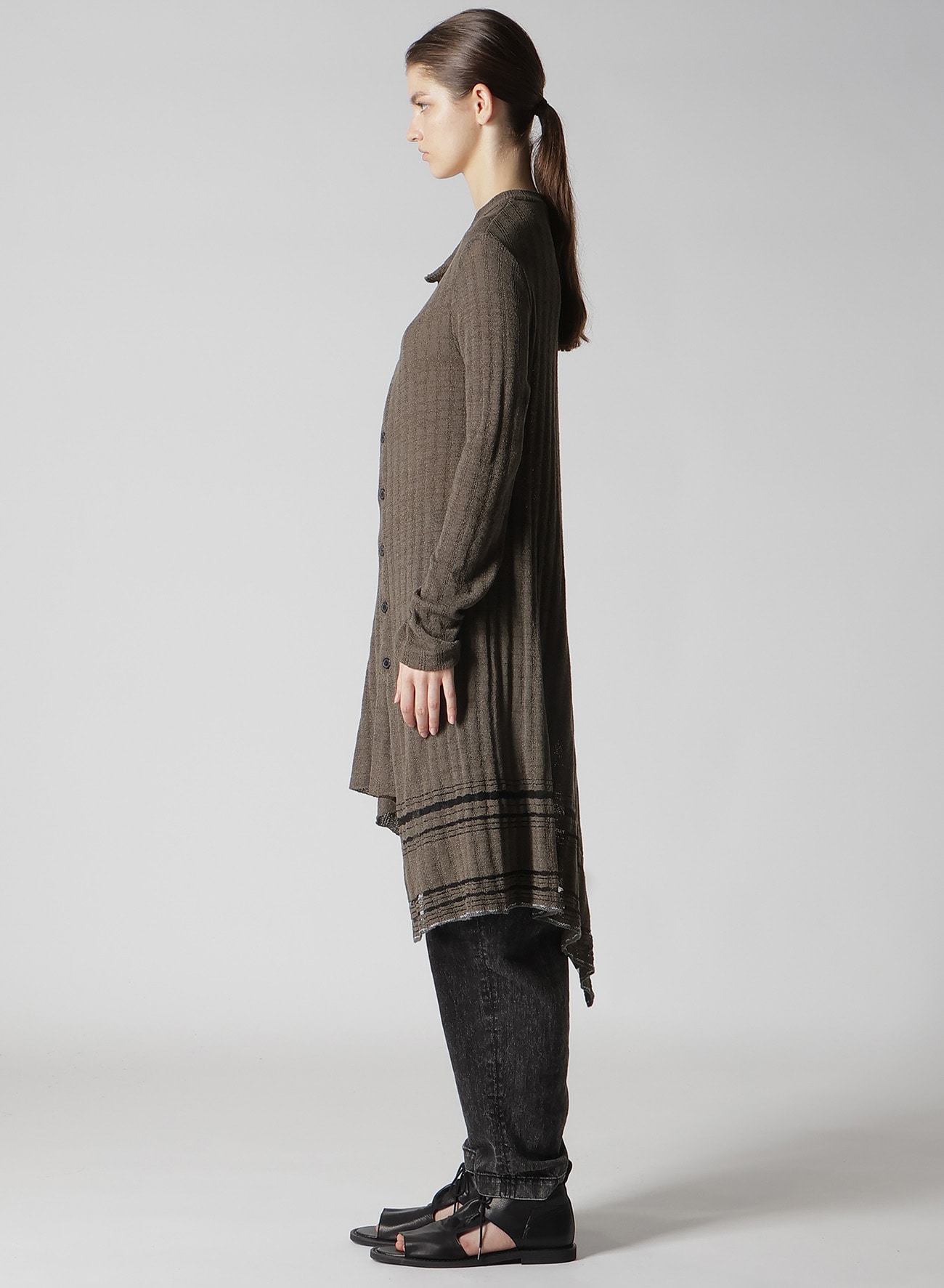 DROP NEEDLE RIB STRIPE ASYMMETRIC LONG CARDIGAN