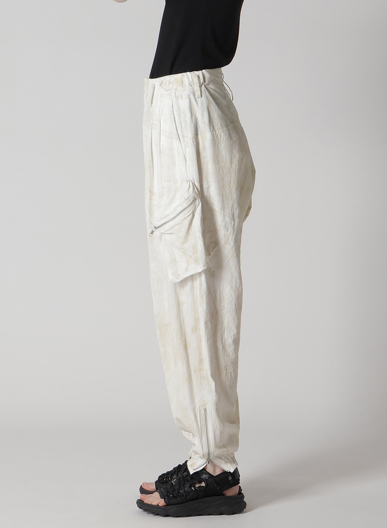 COTTON LINEN DUMP ROOLER PRINTING ZIP POCKET PANTS