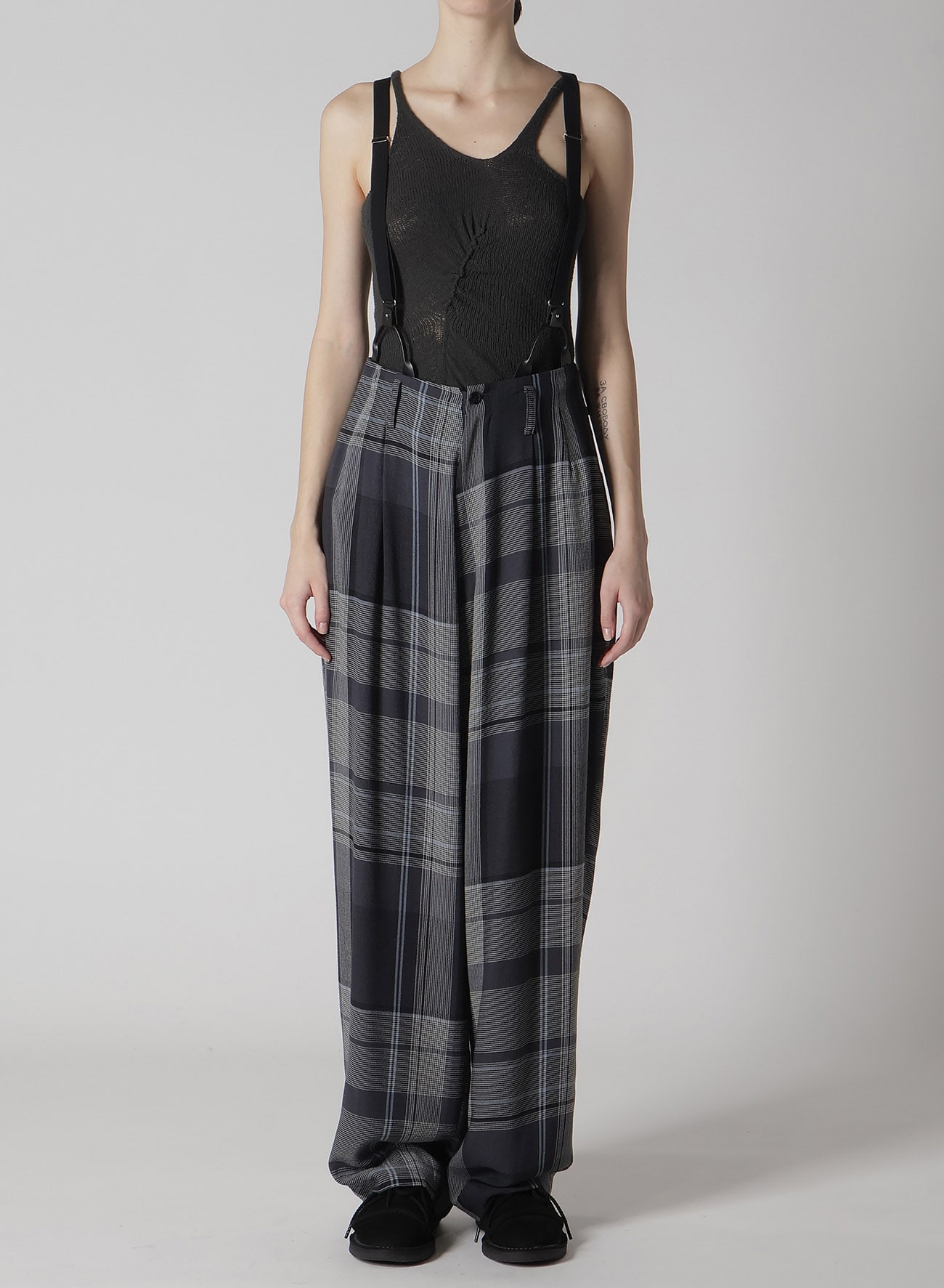 GAUZE PLAID SUSPENDER PANTS