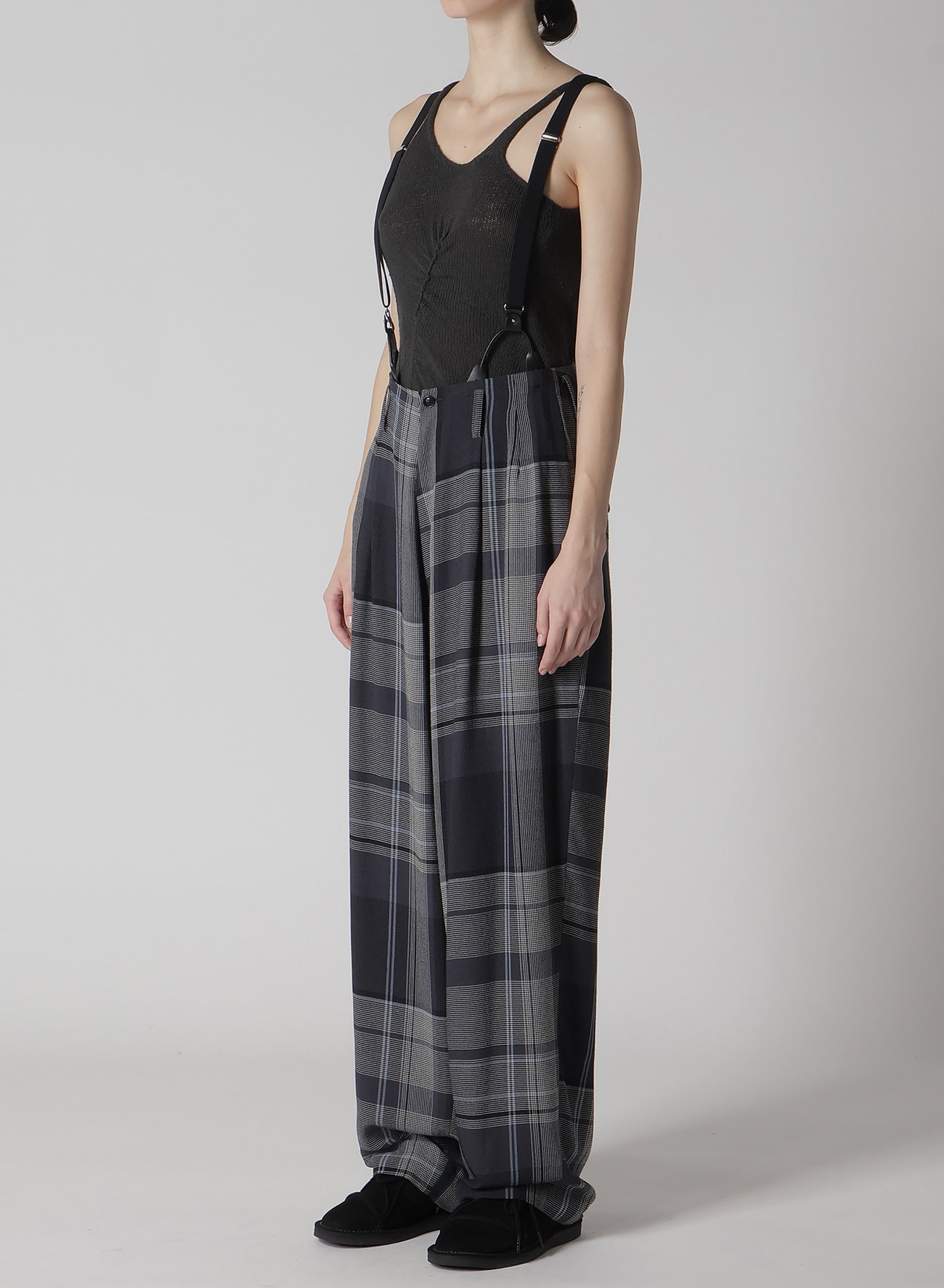 GAUZE PLAID SUSPENDER PANTS