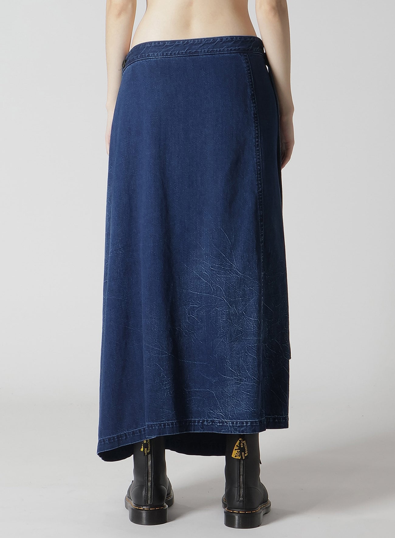 8OZ BLEACHED VINTAGE LIKE DENIM DRAPE WRAP SKIRT