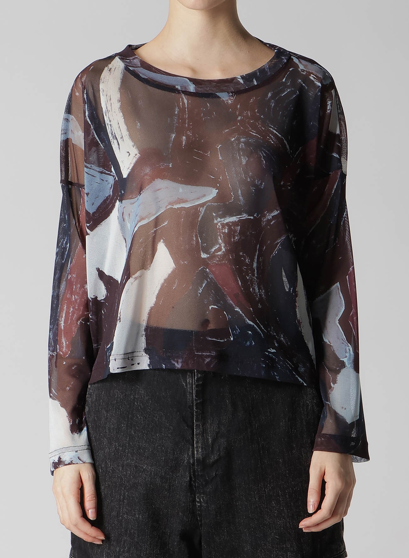 TULLE ABSTRACT PAINTING PATTERN CROPPED ROUND NECK T