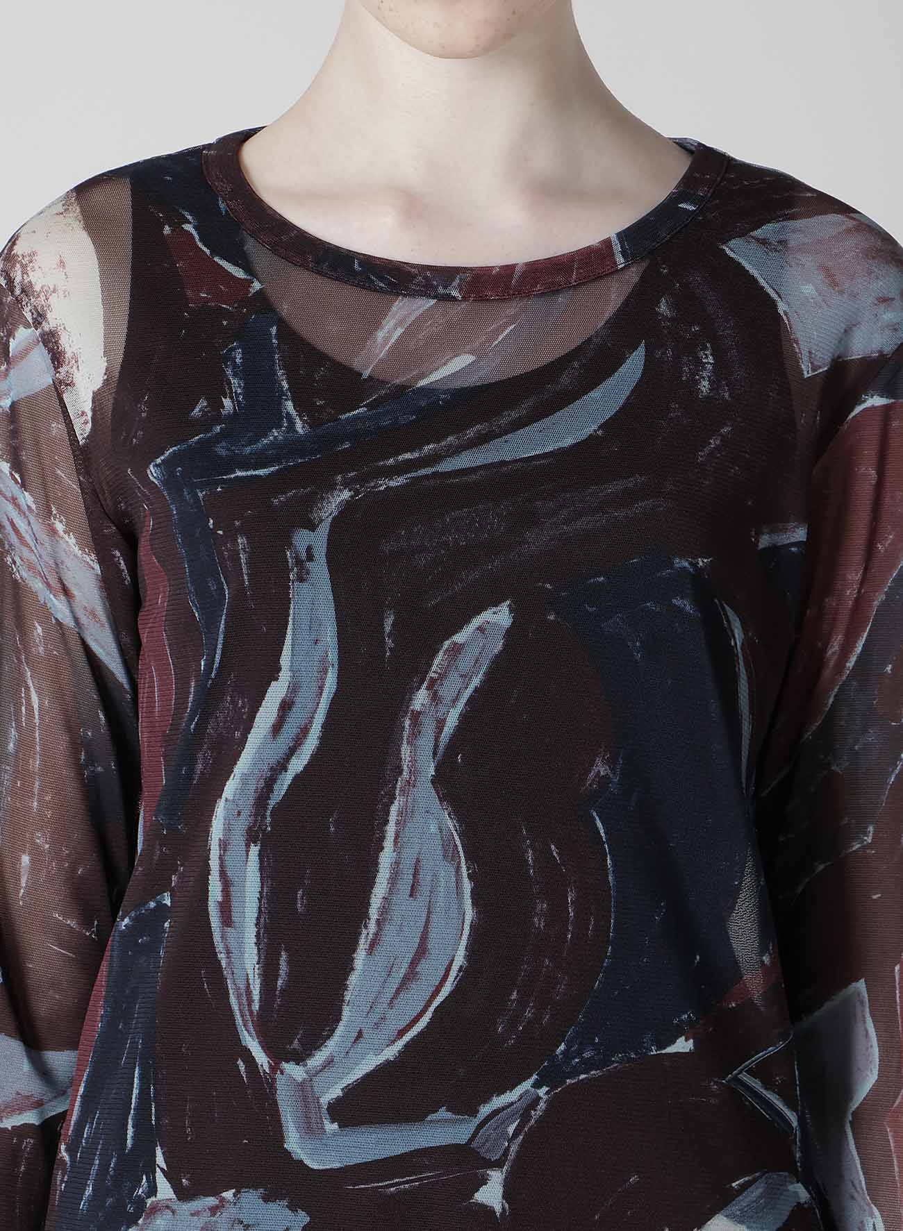 TULLE ABSTRACT PAINTING PATTERN LONG SLEEVE SHORT DRESS