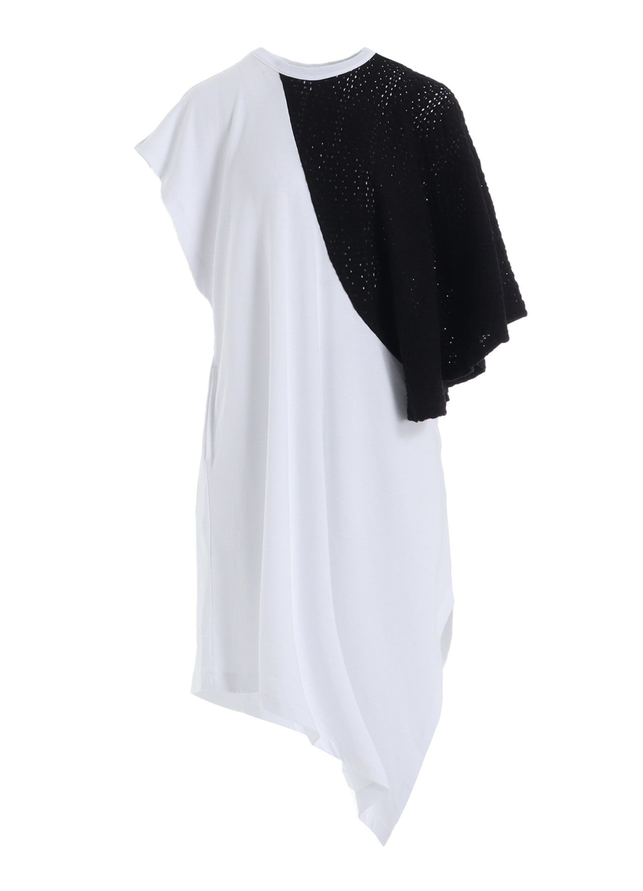 COTTON JERSEY/LACE LEFT SHOULDER DRAPE T