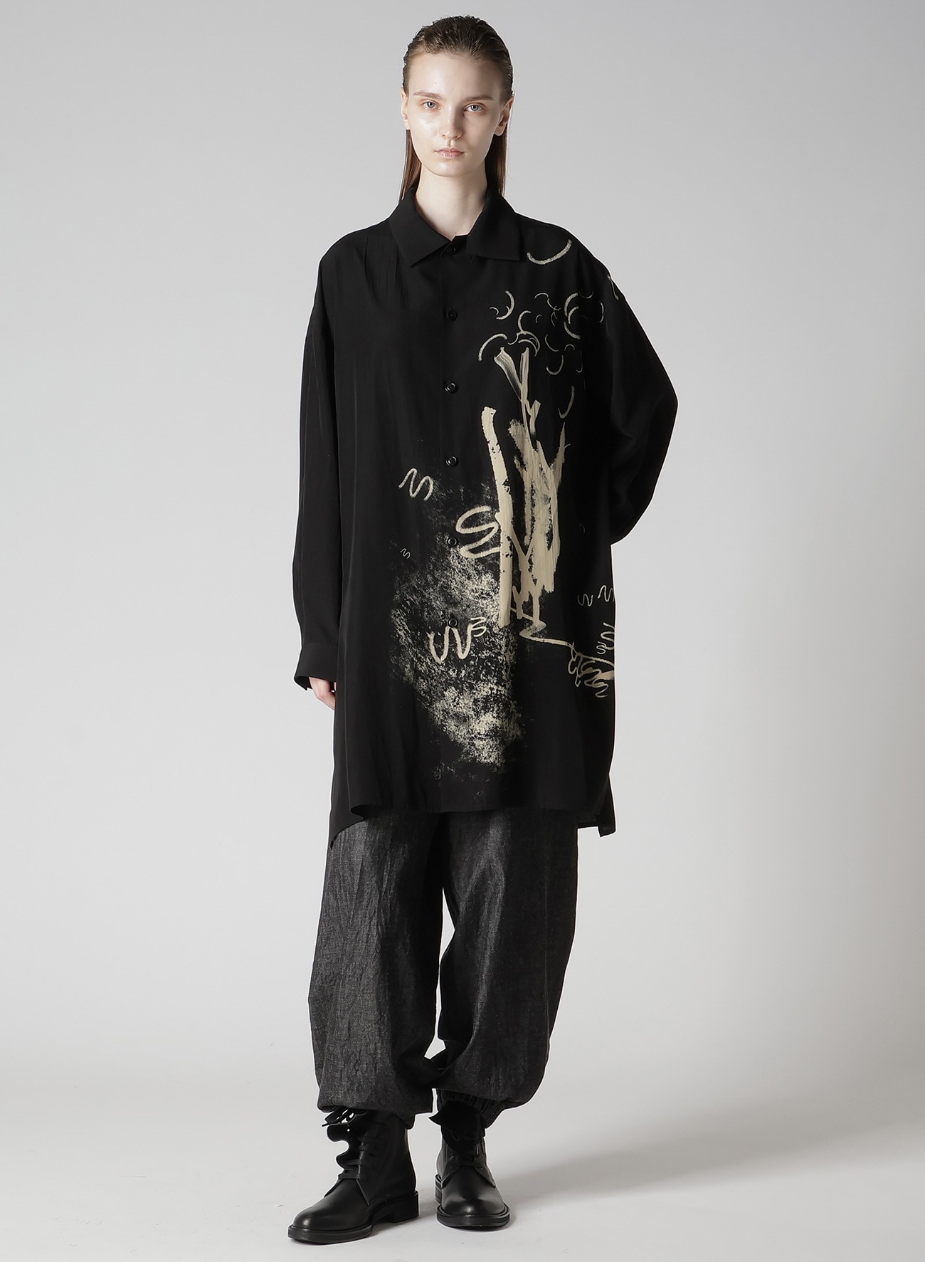 CUPRO DUNGAREE "Y" PRINT BIG SHIRT