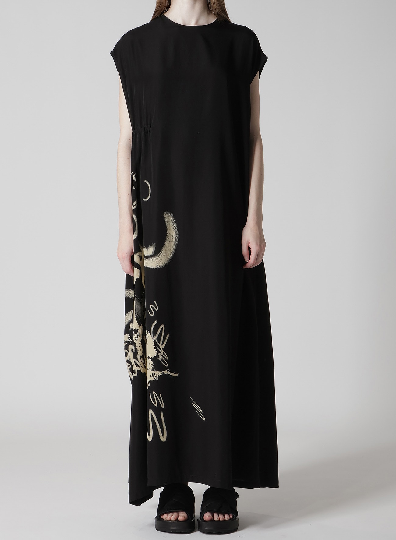 CUPRO DUNGAREE "Y" PRINT GATHERED DRESS