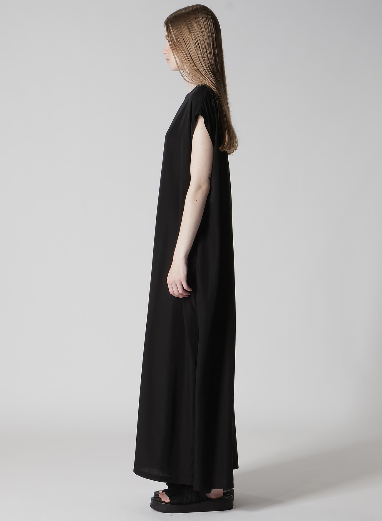 CUPRO DUNGAREE "Y" PRINT GATHERED DRESS