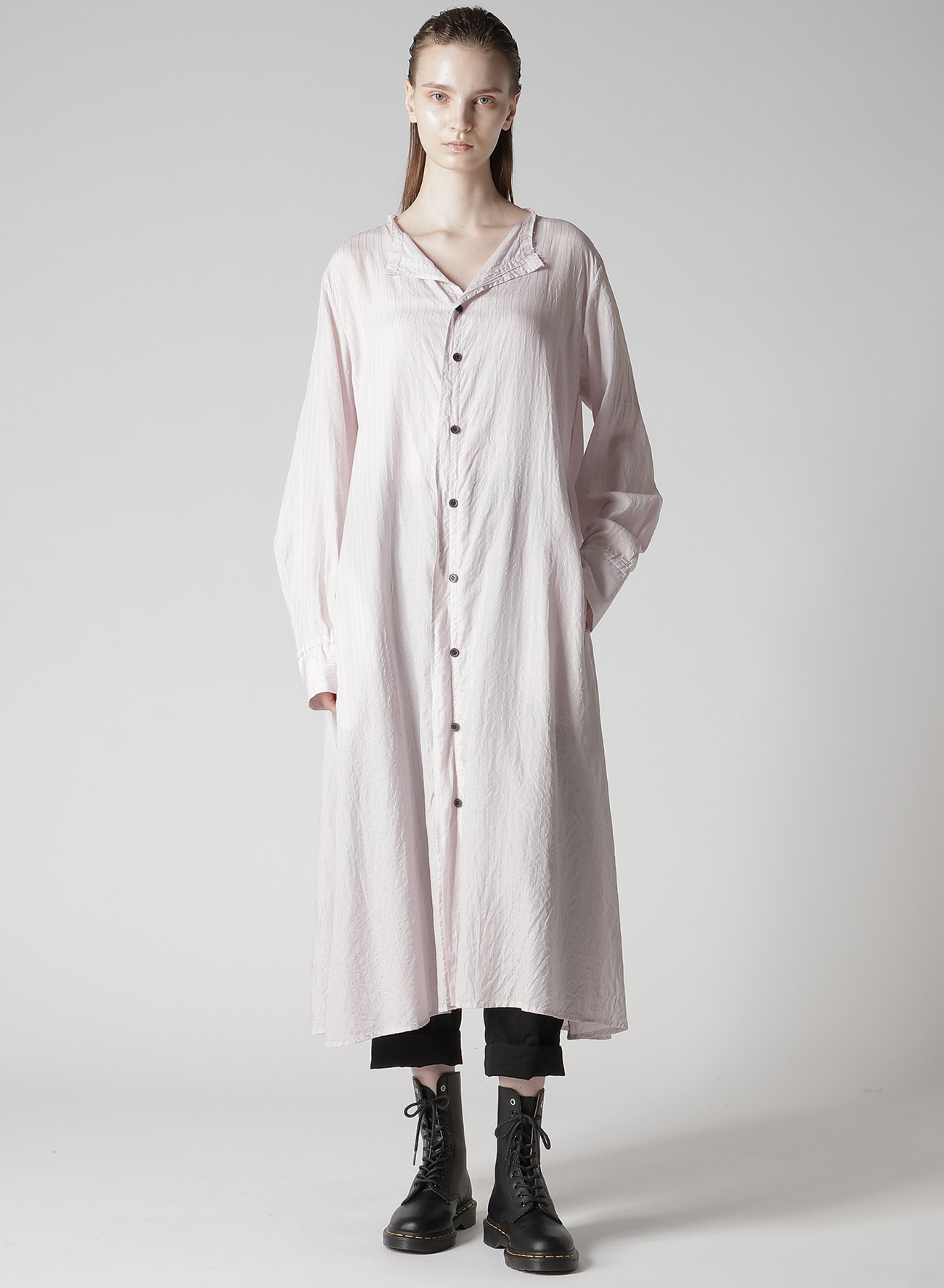 CELLULOSE STRIPE COLLARLESS A-LINE DRESS