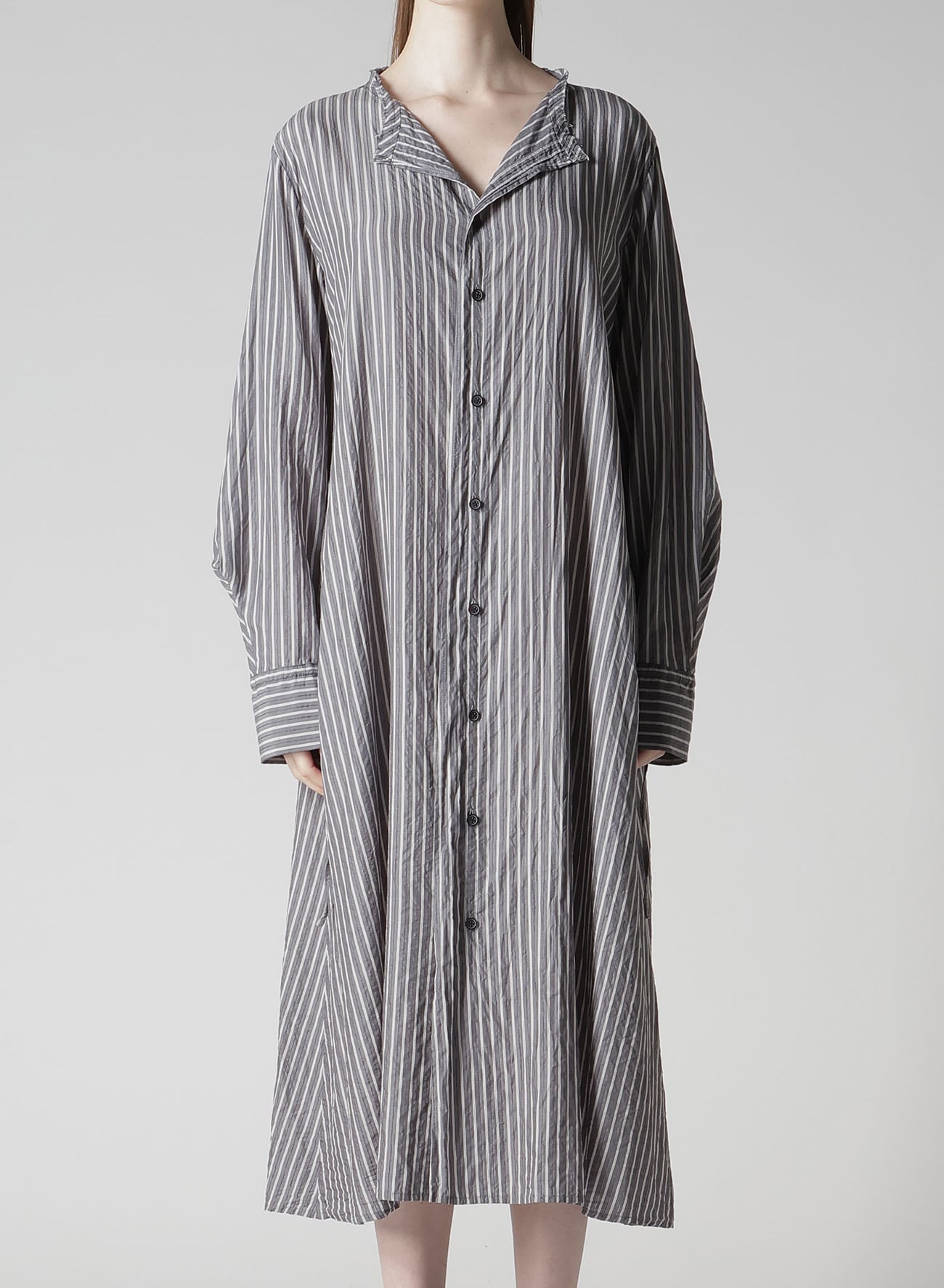 CELLULOSE STRIPE COLLARLESS A-LINE DRESS