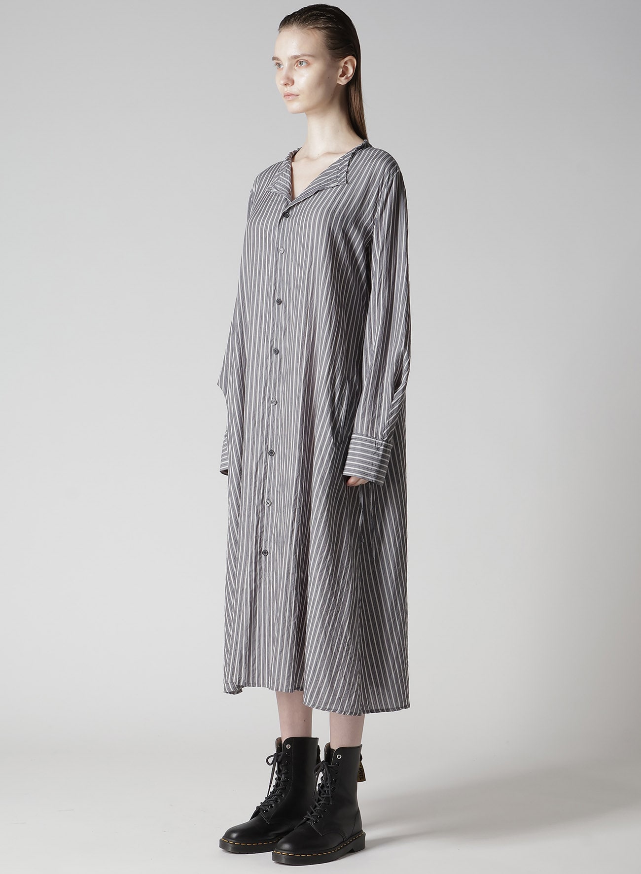 CELLULOSE STRIPE COLLARLESS A-LINE DRESS