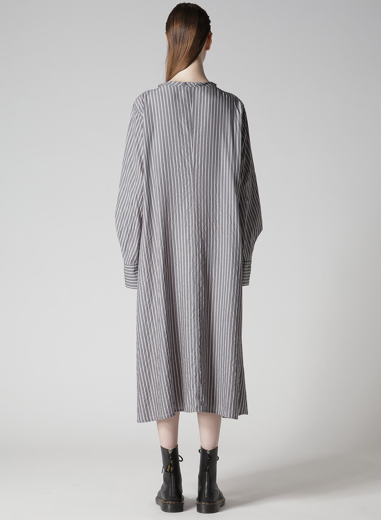 CELLULOSE STRIPE COLLARLESS A-LINE DRESS