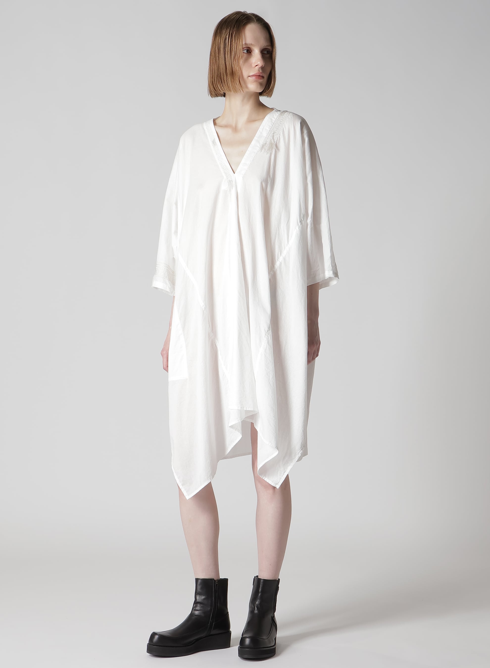 COTTON LAWN ARRANGED SLEEVE V NECK DRESS