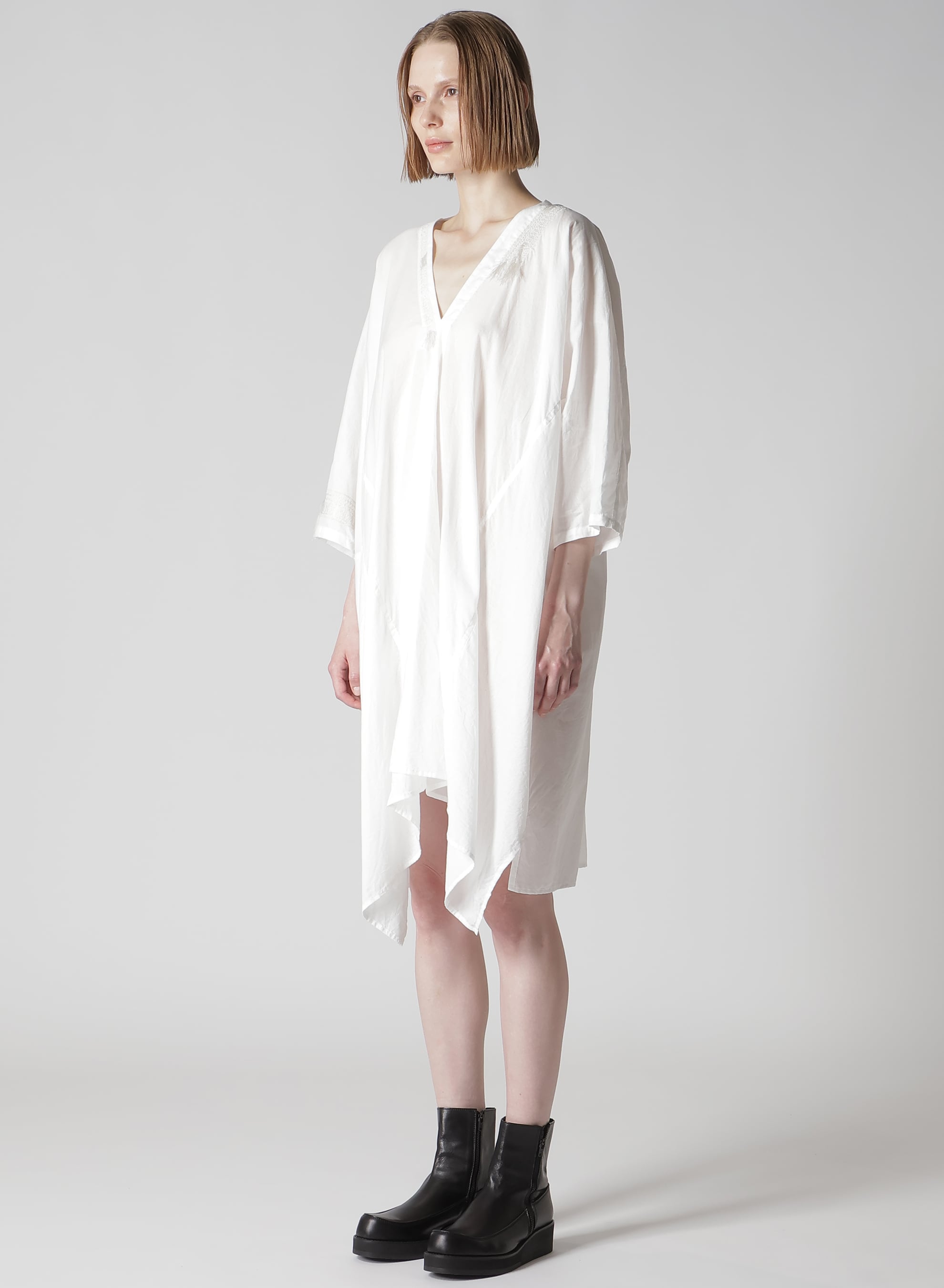 COTTON LAWN ARRANGED SLEEVE V NECK DRESS