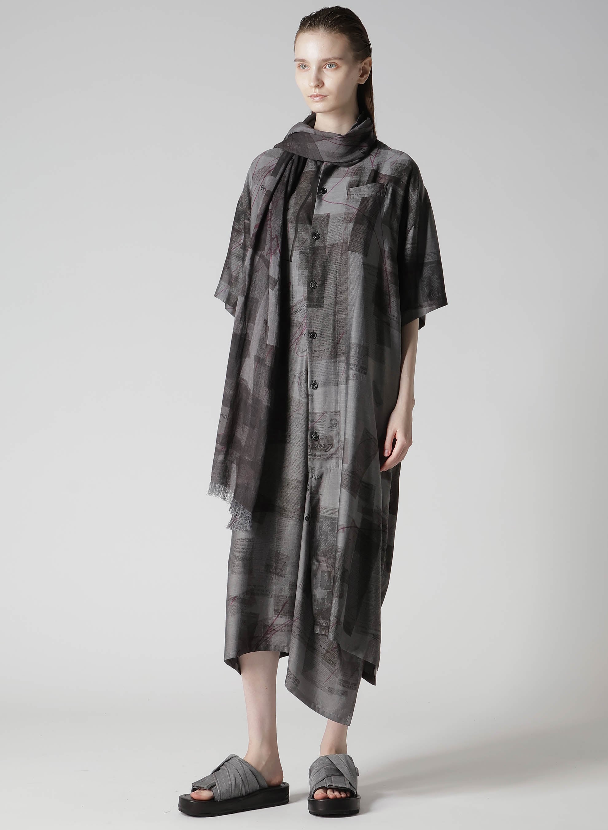 CUPRO DUNGAREE TWILL NEWSPAPER PRINT SHIRT DRESS