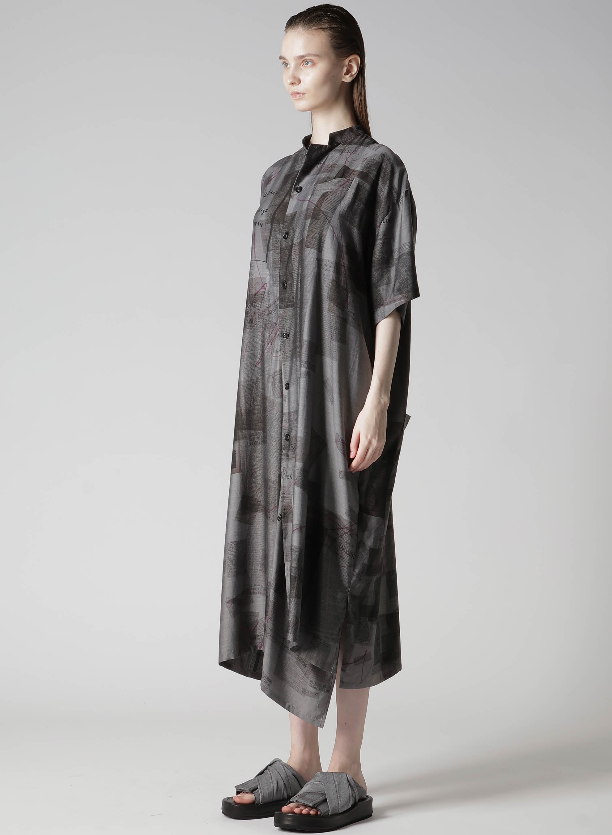 CUPRO DUNGAREE TWILL NEWSPAPER PRINT SHIRT DRESS