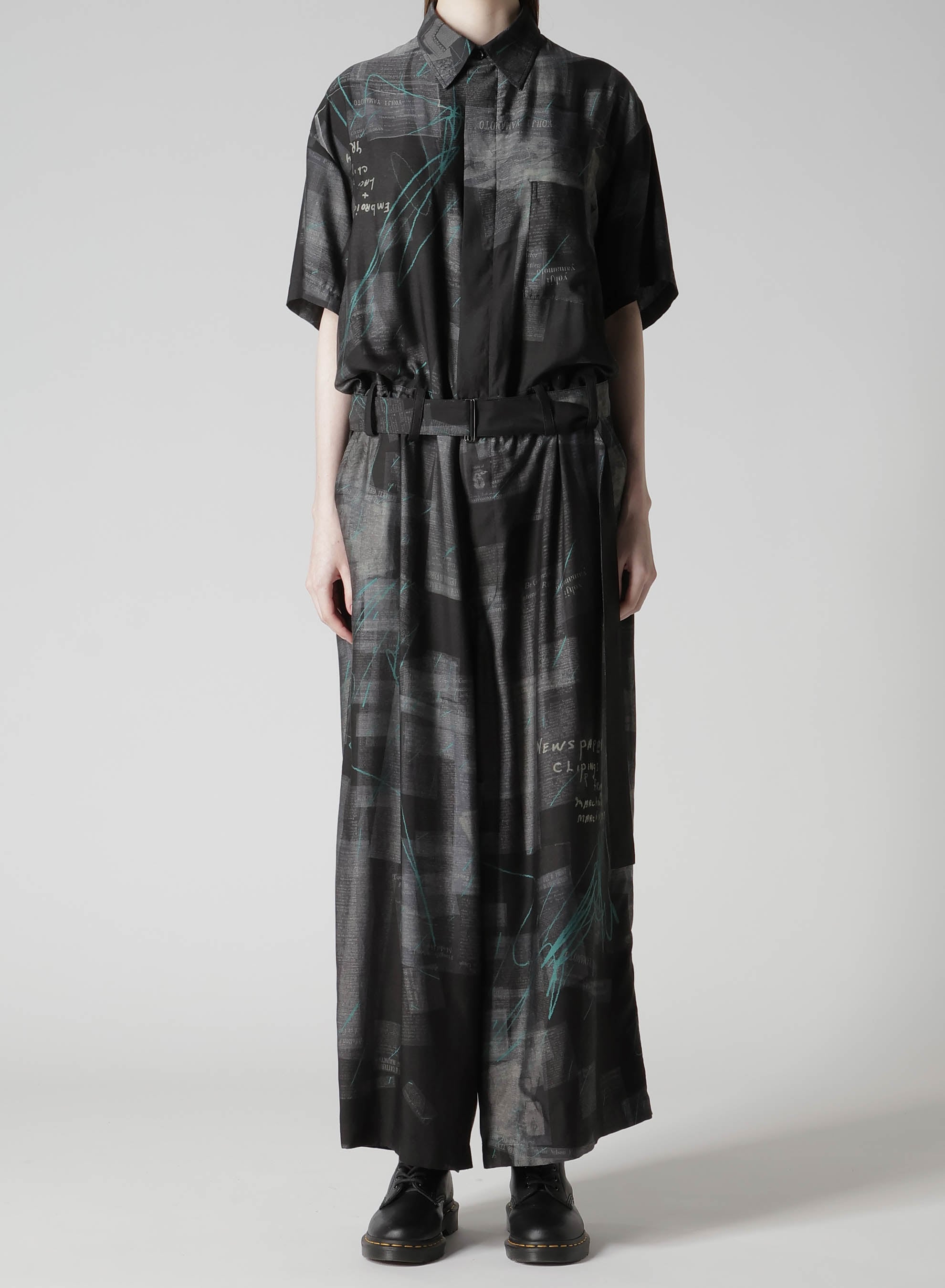 CUPRO DUNGAREE TWILL NEWSPAPER PRINT OVERALLS