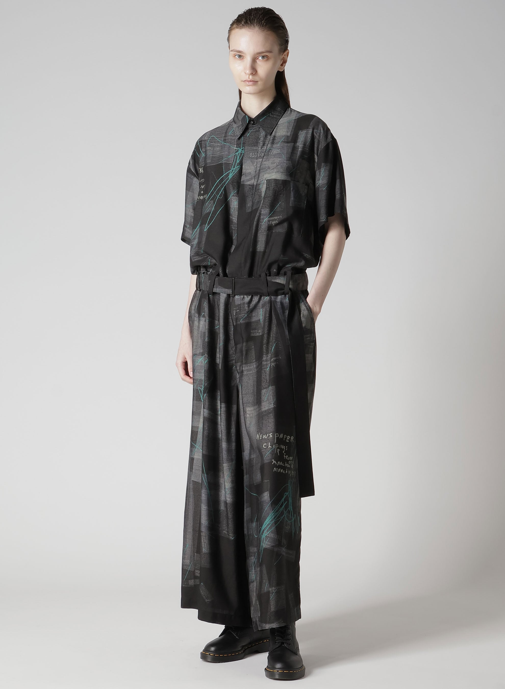 CUPRO DUNGAREE TWILL NEWSPAPER PRINT OVERALLS