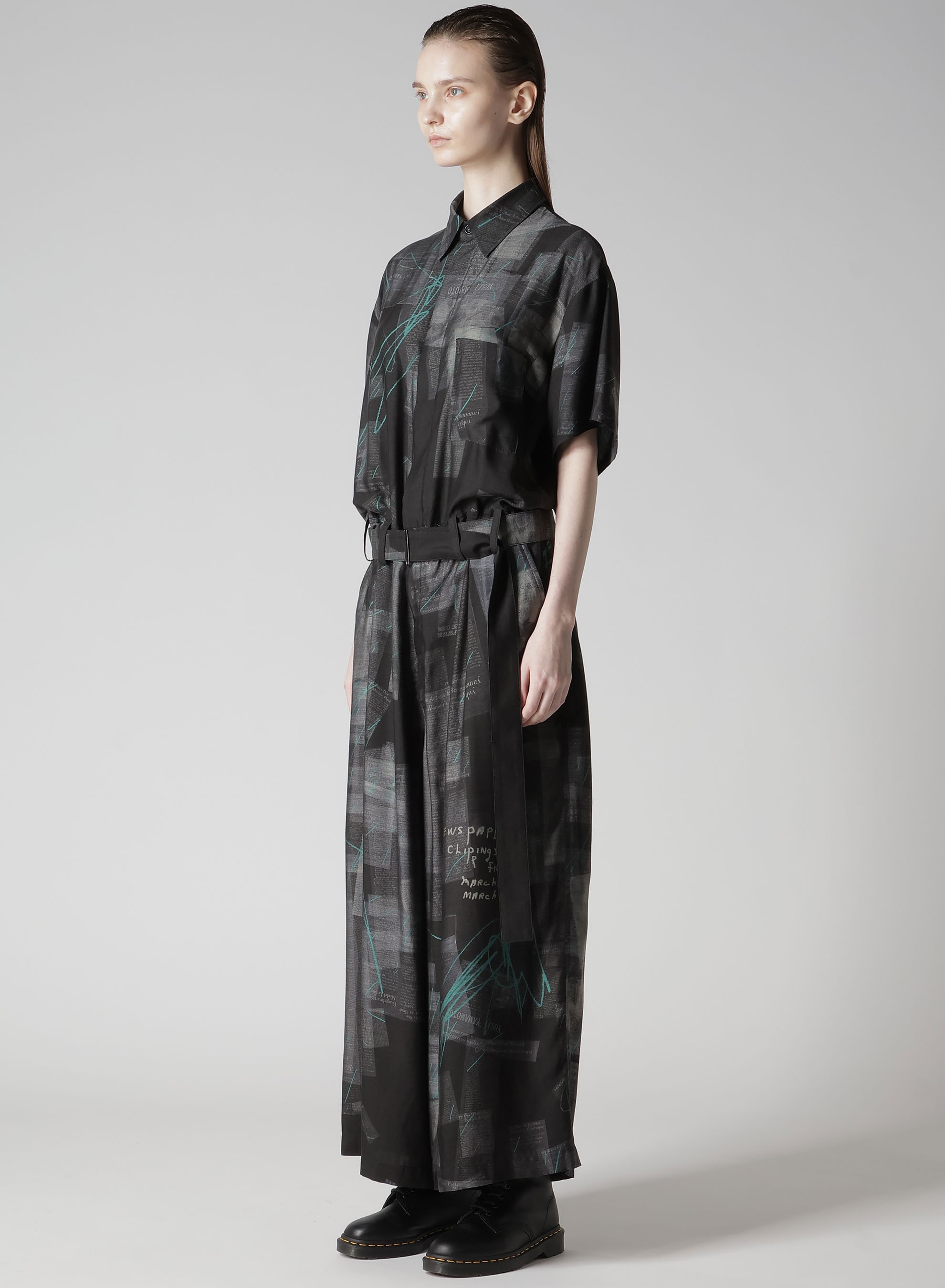 CUPRO DUNGAREE TWILL NEWSPAPER PRINT OVERALLS