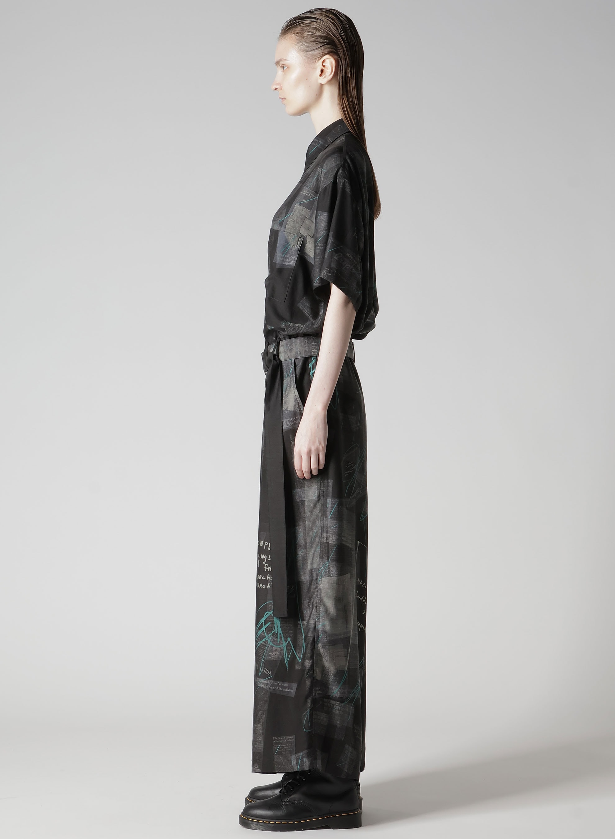 CUPRO DUNGAREE TWILL NEWSPAPER PRINT OVERALLS