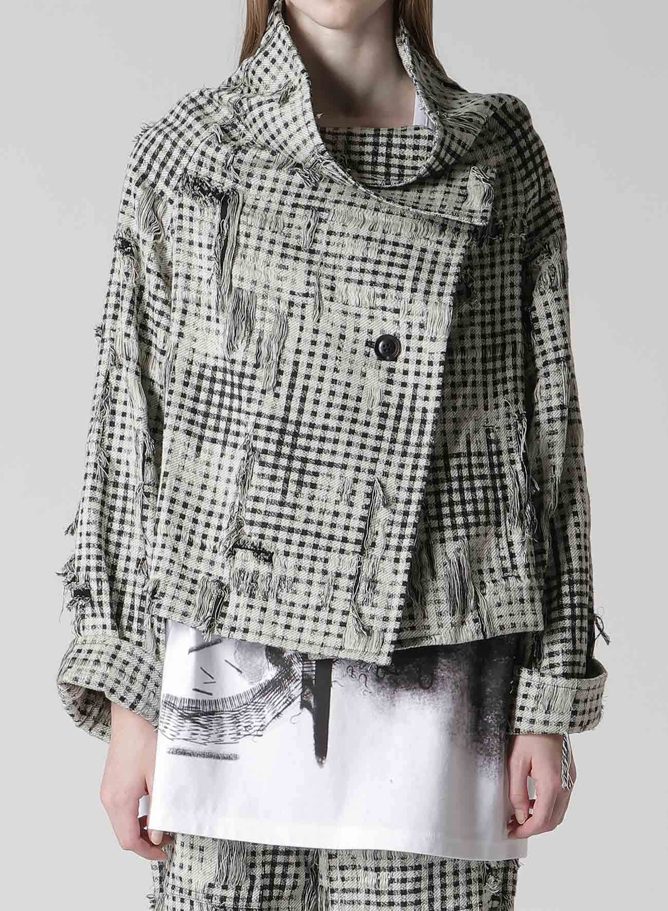 DAMAGED GINGHAM JACQUARD WRAP COAT