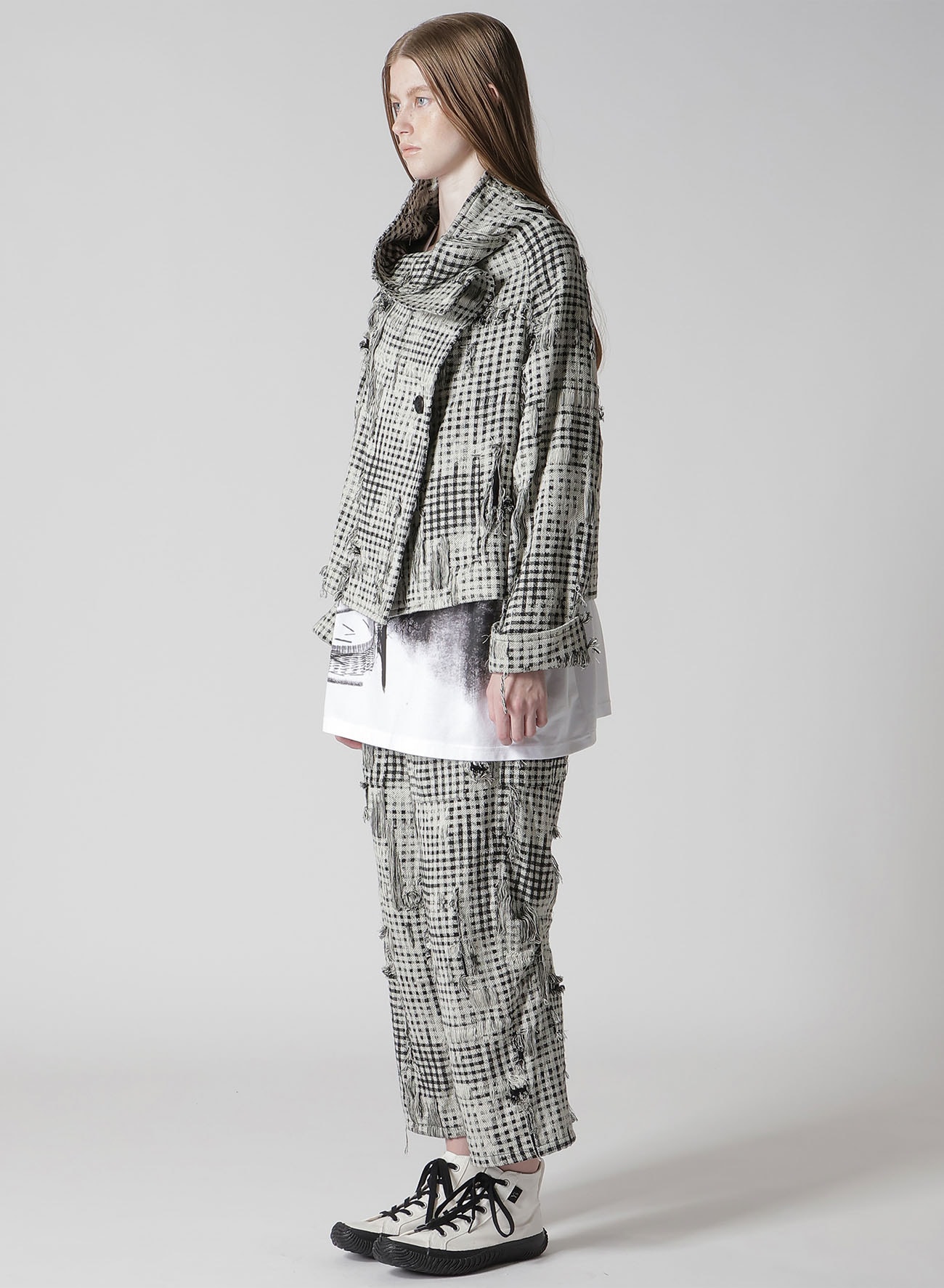 DAMAGED GINGHAM JACQUARD WRAP COAT