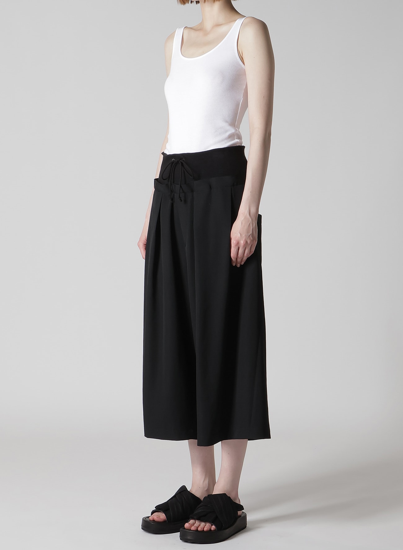 WOOL GABARDINE RIB WAIST WIDE PANTS