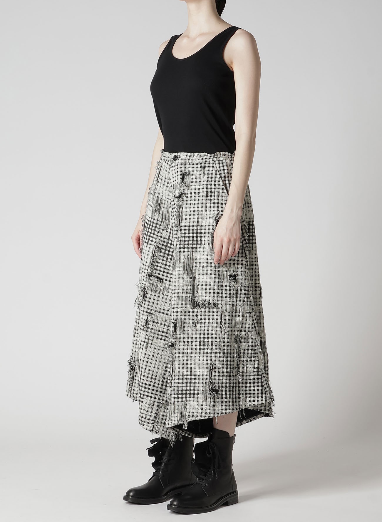 DAMAGED GINGHAM JACQUARD SKIRT-LIKE PANTS