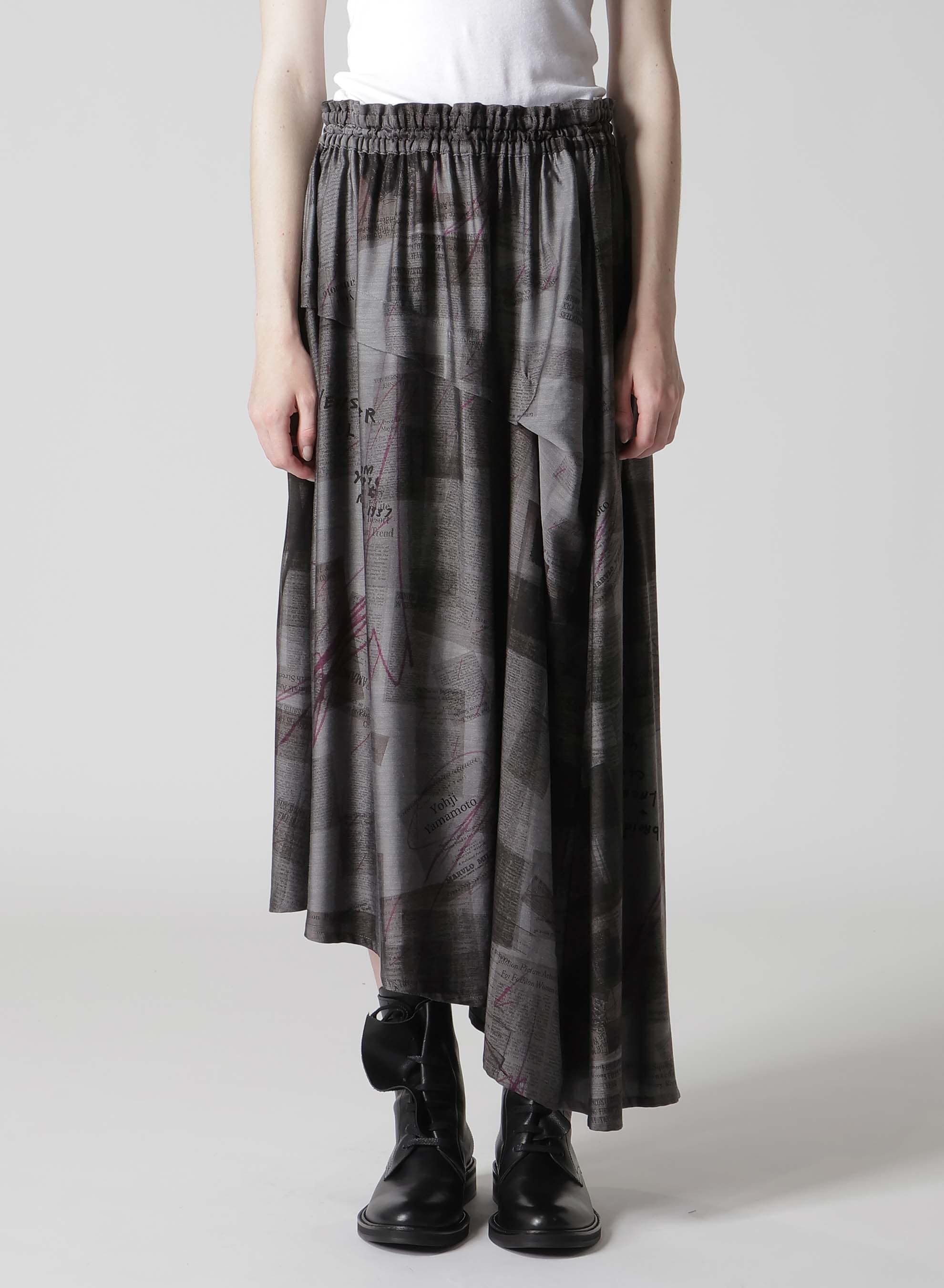 CUPRO DUNGAREE TWILL NEWSPAPER PRINT ASYMMETRIC SKIRT