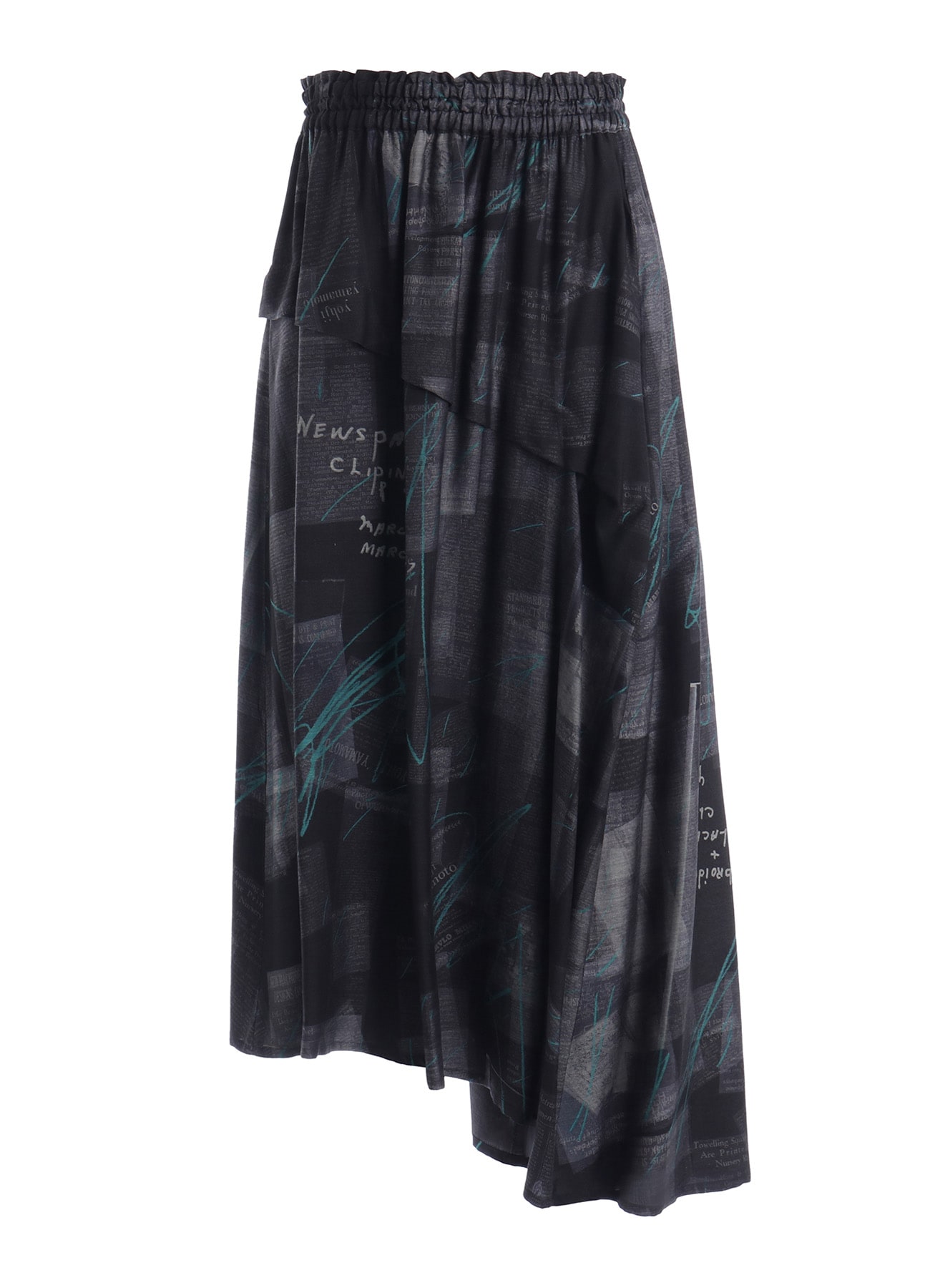 CUPRO DUNGAREE TWILL NEWSPAPER PRINT ASYMMETRIC SKIRT