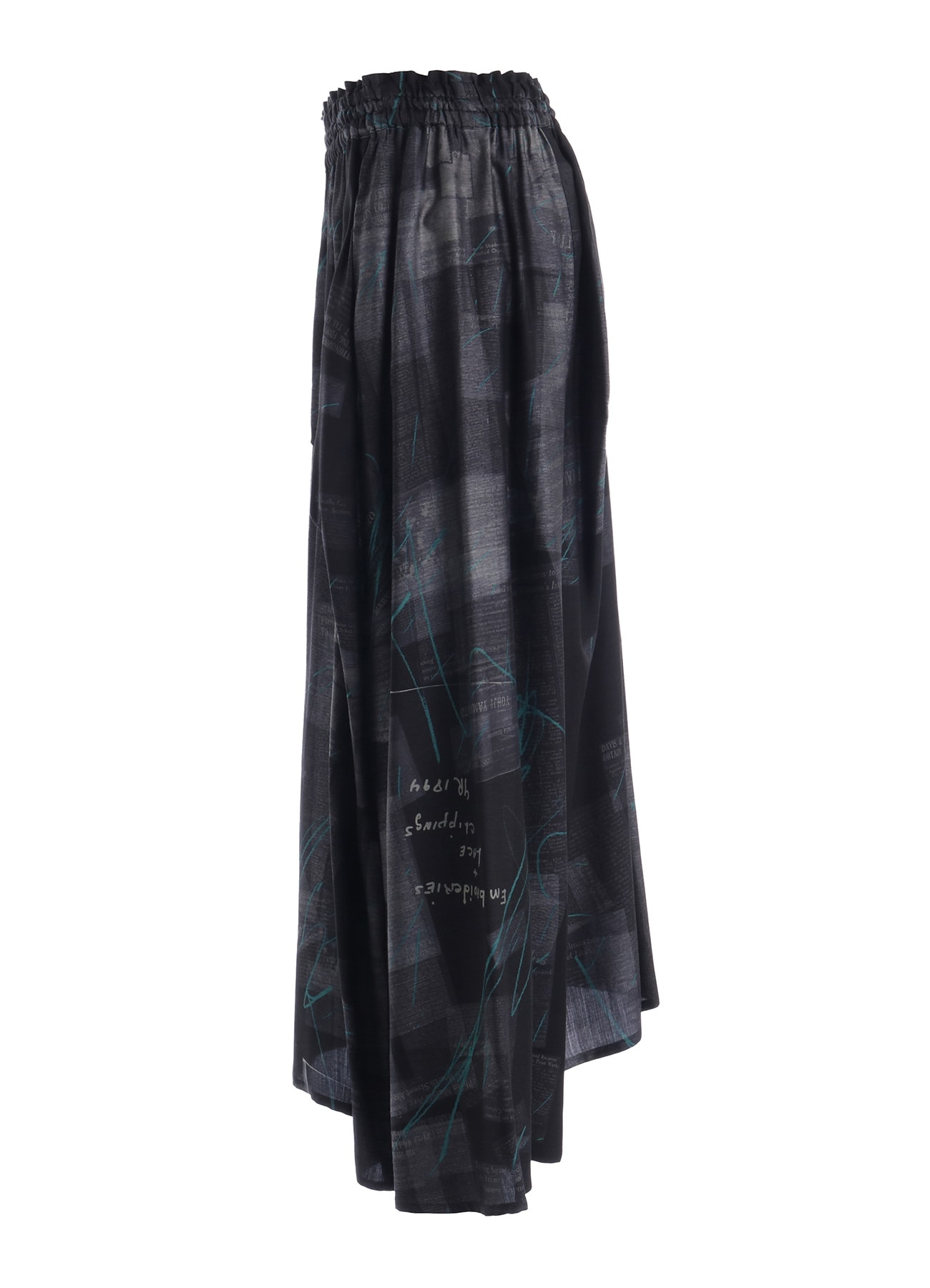 CUPRO DUNGAREE TWILL NEWSPAPER PRINT ASYMMETRIC SKIRT